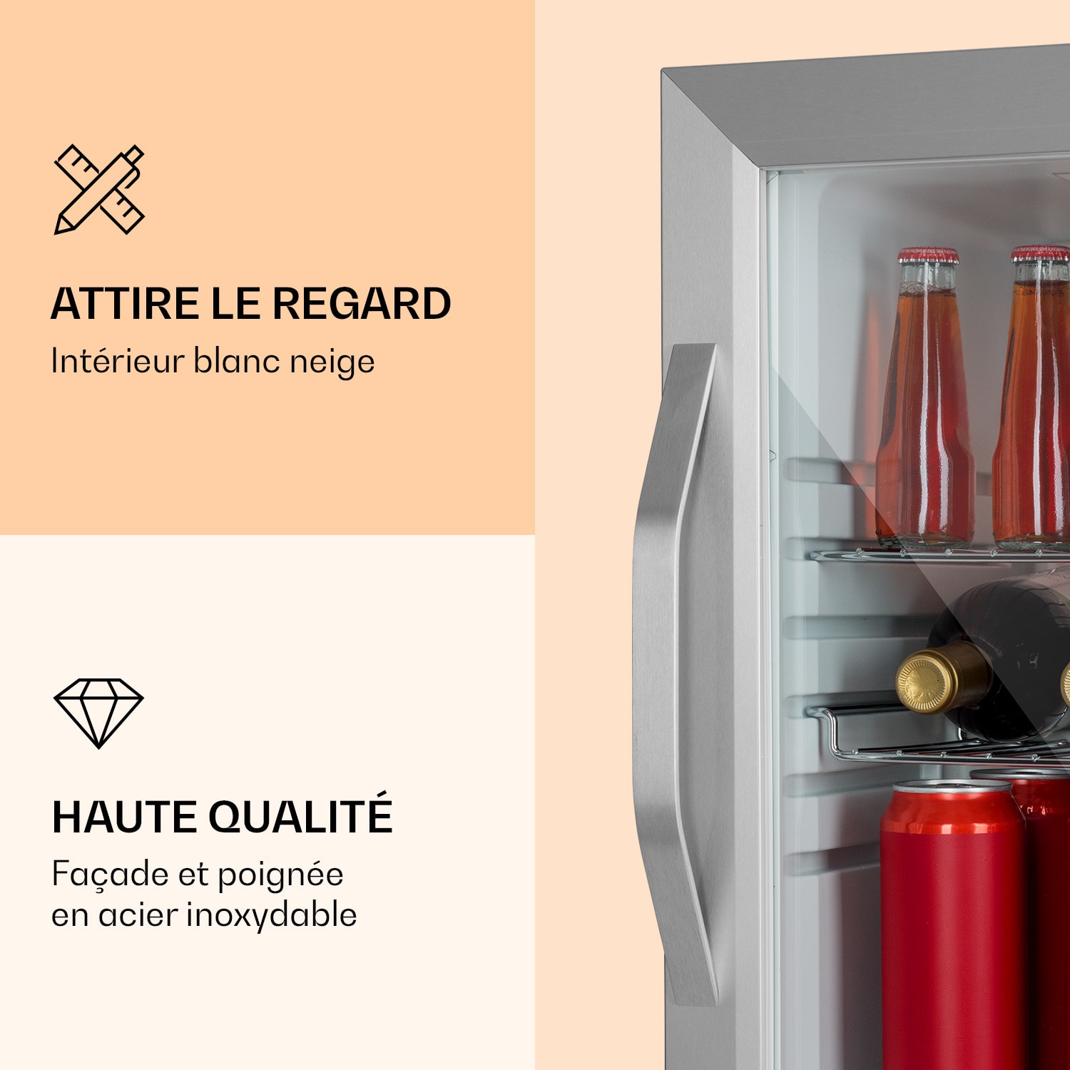 Beersafe M Crystal White Réfrigérateur 33 litres 2 étagères Porte en verre panoramique Acier inoxydable 33 L | Blanc | Argent