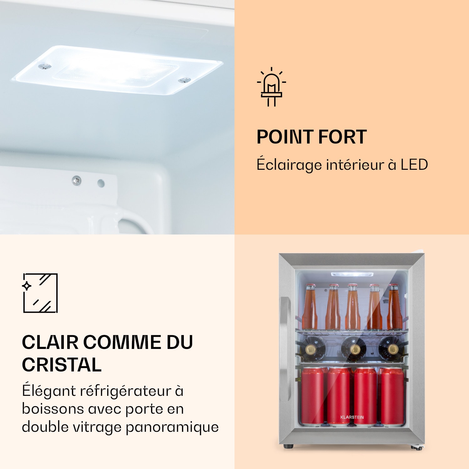 Beersafe M Crystal White Réfrigérateur 33 litres 2 étagères Porte en verre panoramique Acier inoxydable 33 L | Blanc | Argent