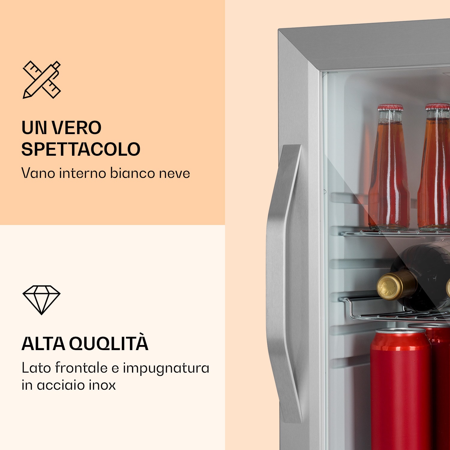 Frigorifero Beersafe M Crystal White 33 litri 2 ripiani Sportello panoramico in vetro Acciaio inox 33 L | Bianco | Argento