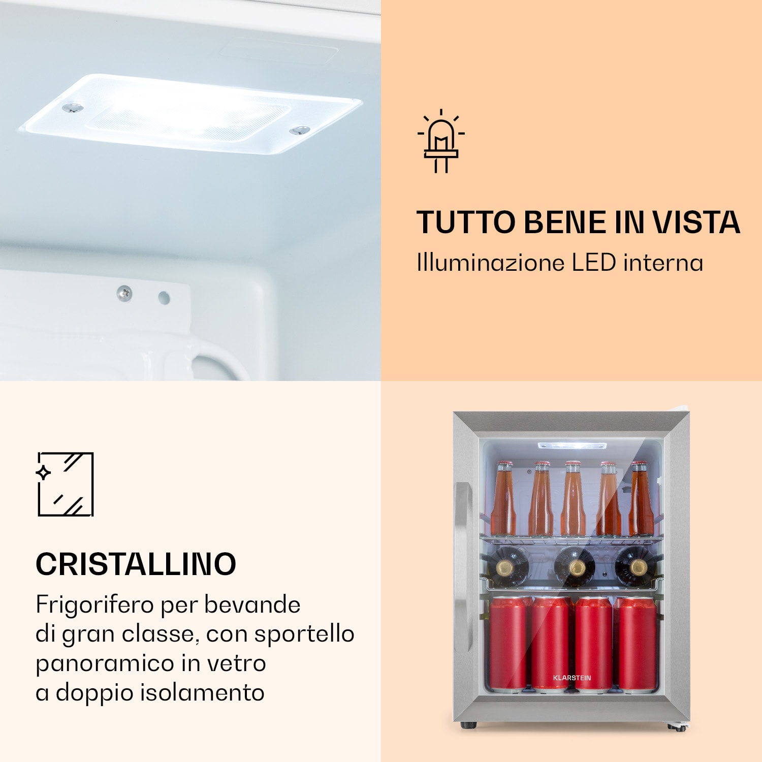 Frigorifero Beersafe M Crystal White 33 litri 2 ripiani Sportello panoramico in vetro Acciaio inox 33 L | Bianco | Argento
