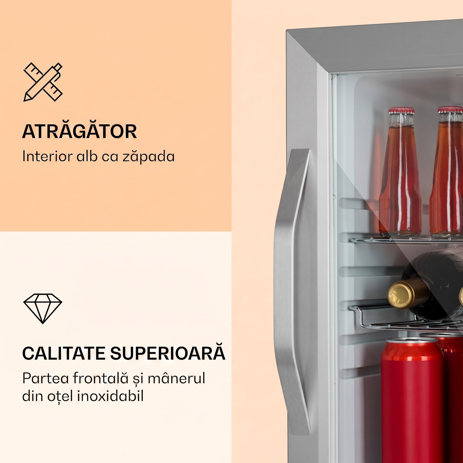 Beersafe M Crystal White, frigider, 33 litri, 2 rafturi, ușă panoramică din sticlă, oțel inoxidabil 33 L | Alb | Argintiu
