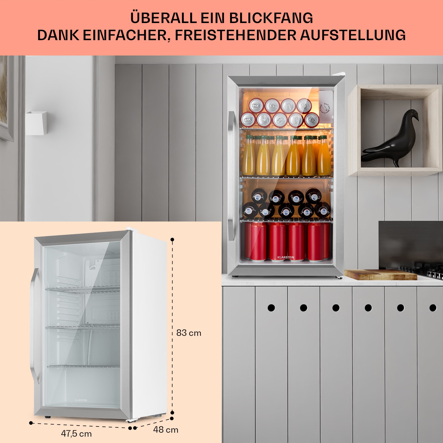 Beersafe XXL Crystal White Kühlschrank 80 Ltr Panoramaglas Edelstahl 80 L | Weiß | Silber