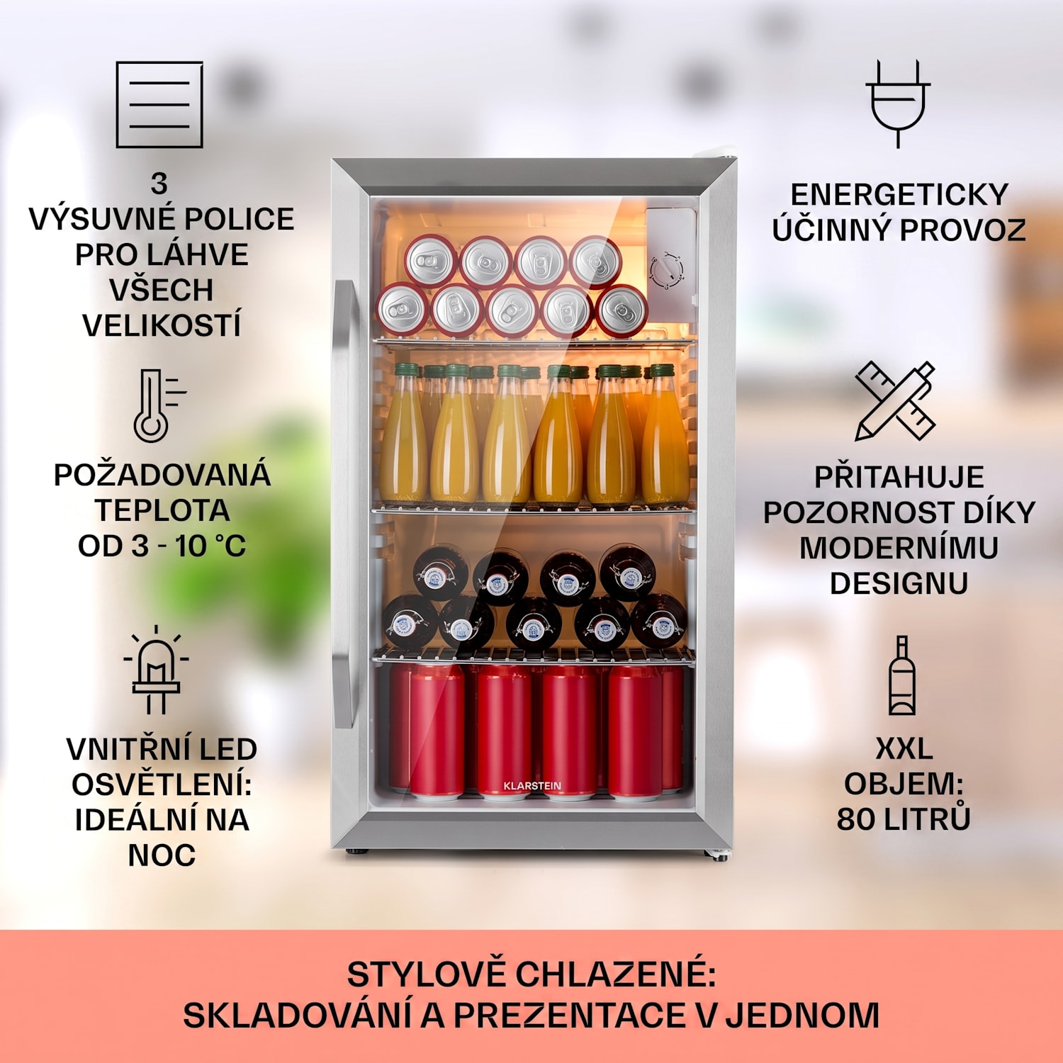 Beersafe XXL Crystal White, lednice, 80 l, 3 police, panoramatické skleněné dveře, nerezová ocel 80 L | Bílá | Stříbrná