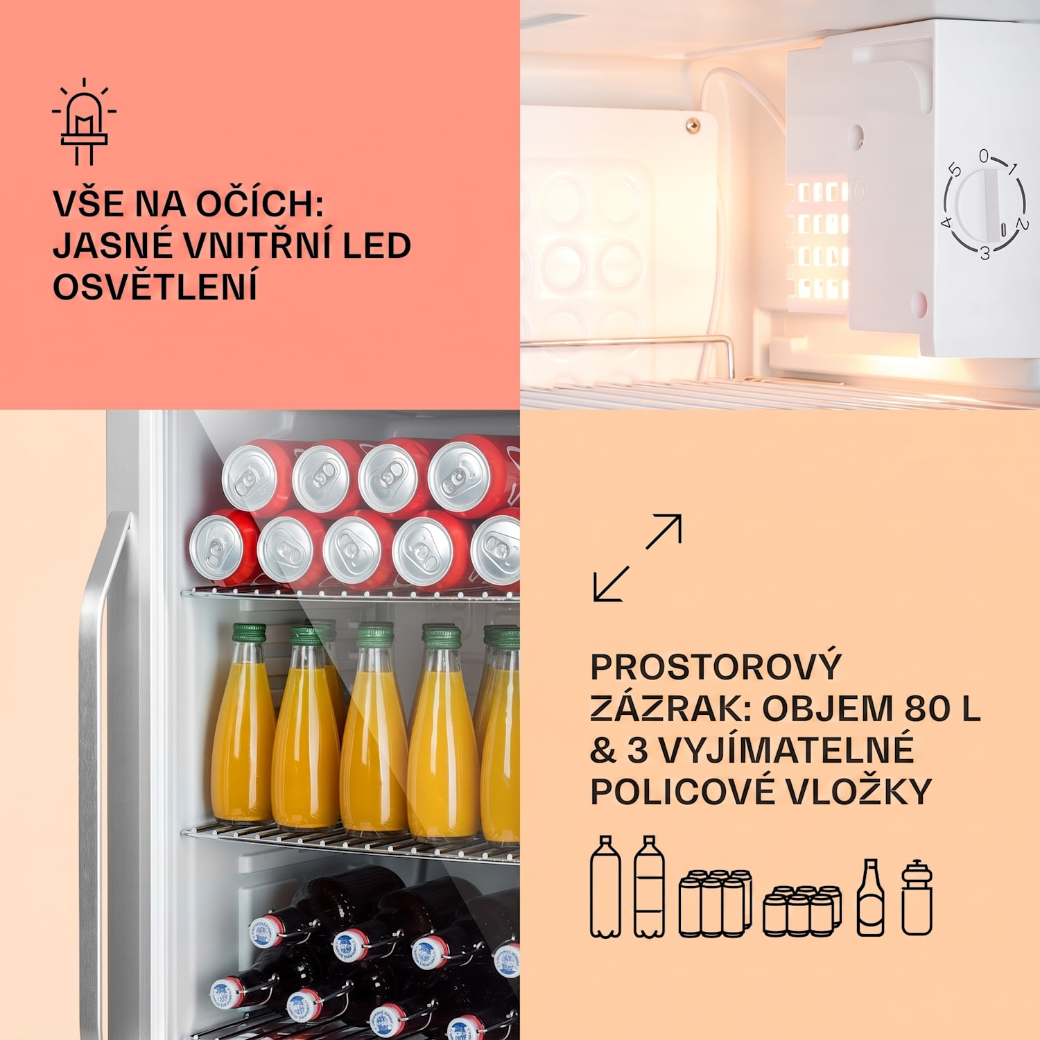 Beersafe XXL Crystal White, lednice, 80 l, 3 police, panoramatické skleněné dveře, nerezová ocel 80 L | Bílá | Stříbrná
