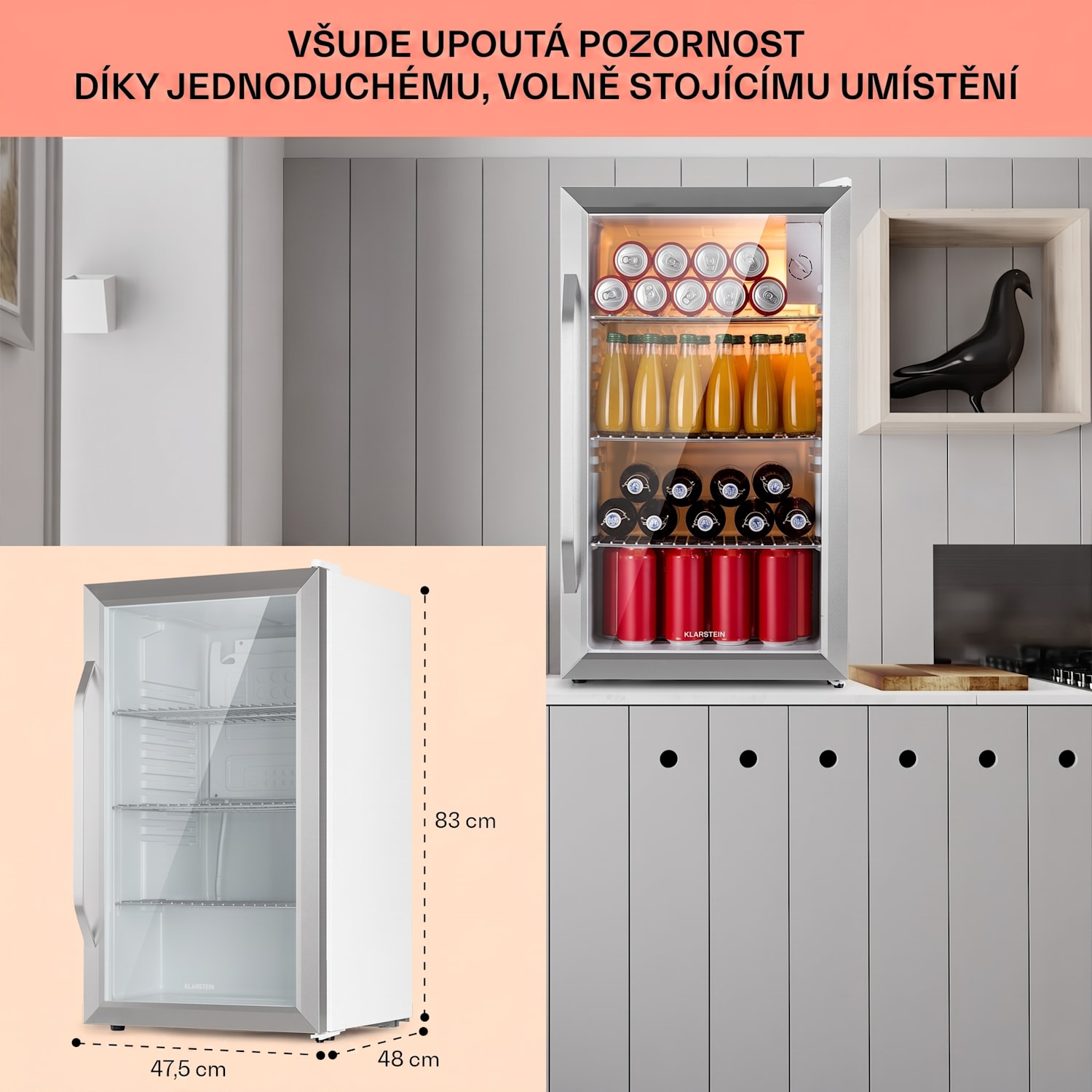 Beersafe XXL Crystal White, lednice, 80 l, 3 police, panoramatické skleněné dveře, nerezová ocel 80 L | Bílá | Stříbrná