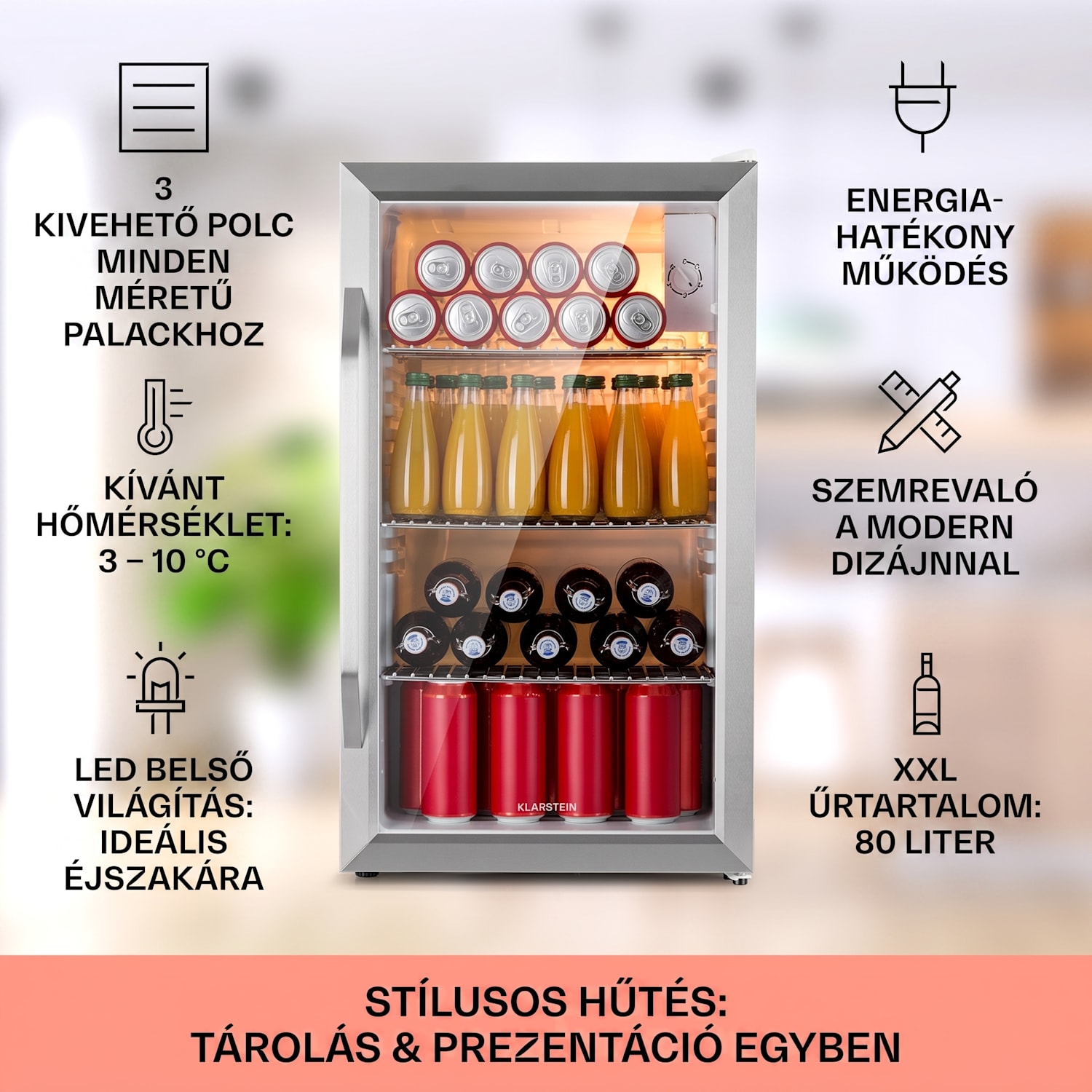 Beersafe XXL Chrytal White, E energiahatékonysági osztály, LED, 3 fém polc, panoráma üvegajtó 80 L | Fehér | Ezüst