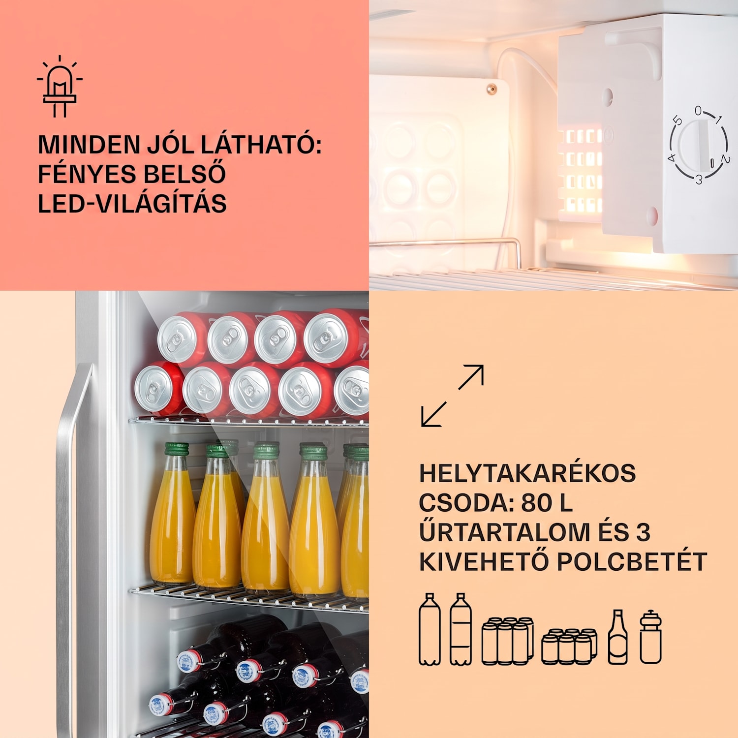 Beersafe XXL Chrytal White, E energiahatékonysági osztály, LED, 3 fém polc, panoráma üvegajtó 80 L | Fehér | Ezüst