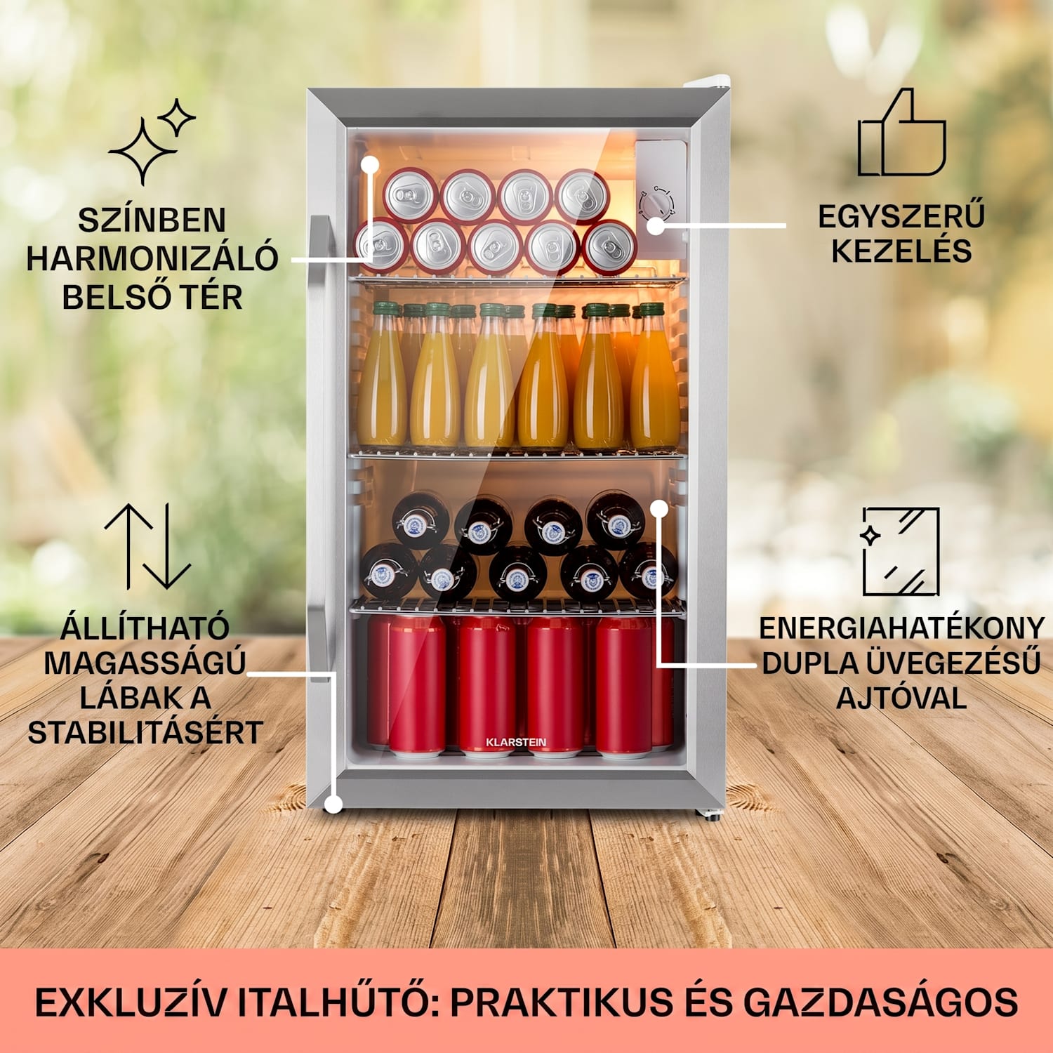 Beersafe XXL Chrytal White, E energiahatékonysági osztály, LED, 3 fém polc, panoráma üvegajtó 80 L | Fehér | Ezüst