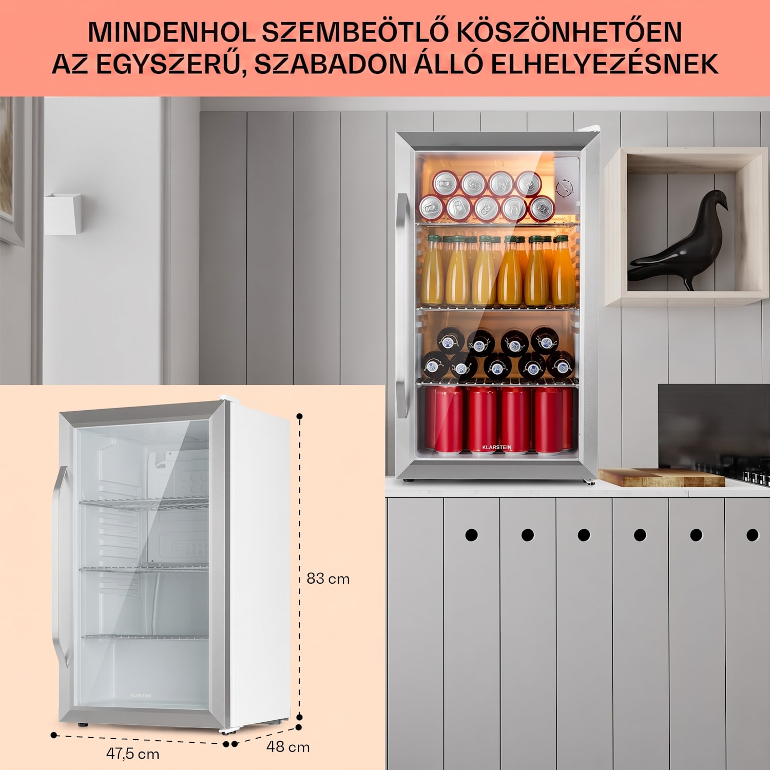 Beersafe XXL Chrytal White, E energiahatékonysági osztály, LED, 3 fém polc, panoráma üvegajtó 80 L | Fehér | Ezüst
