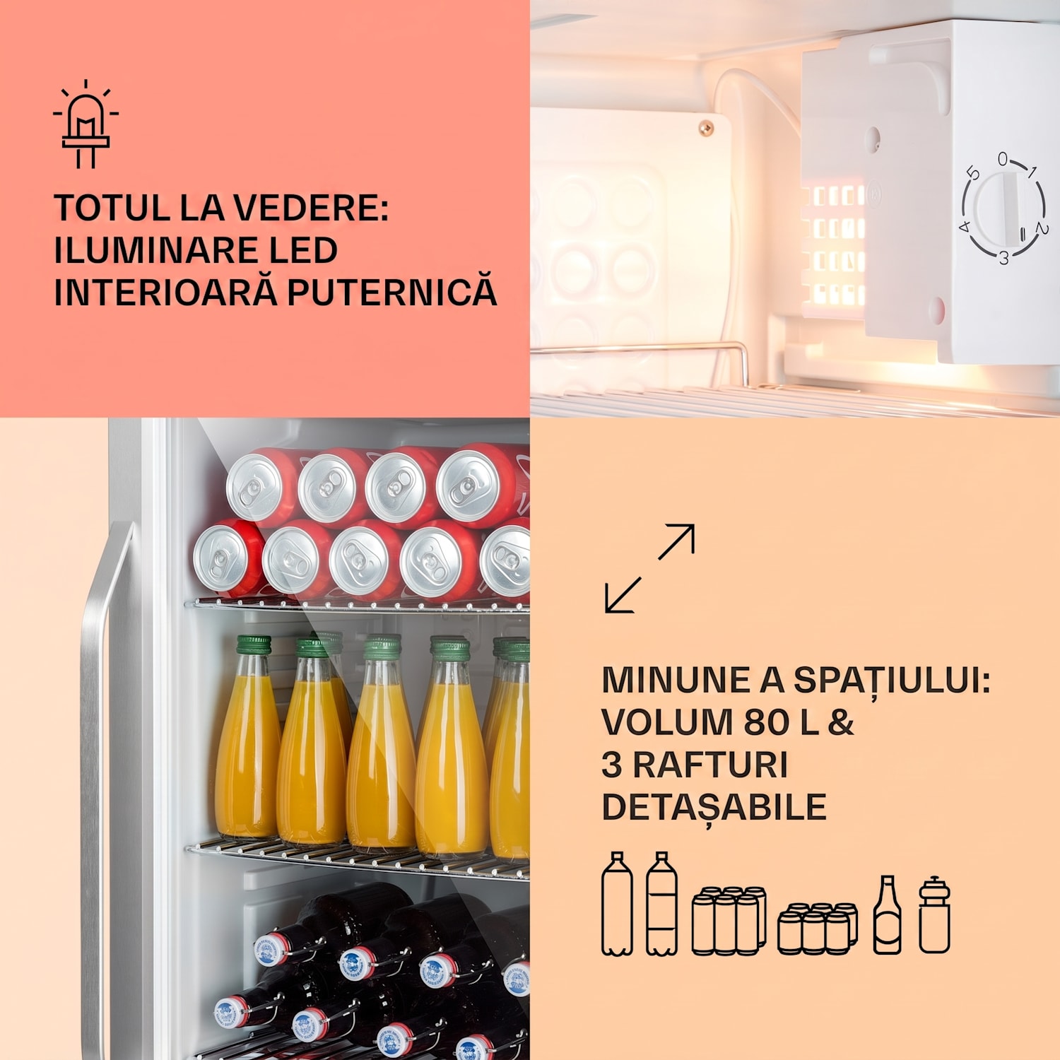 Beersafe XXL Crystal White, frigider, 80 litri, 3 rafturi, ușă panoramică din sticlă, oțel inoxidabil 80 L | Alb | Argintiu