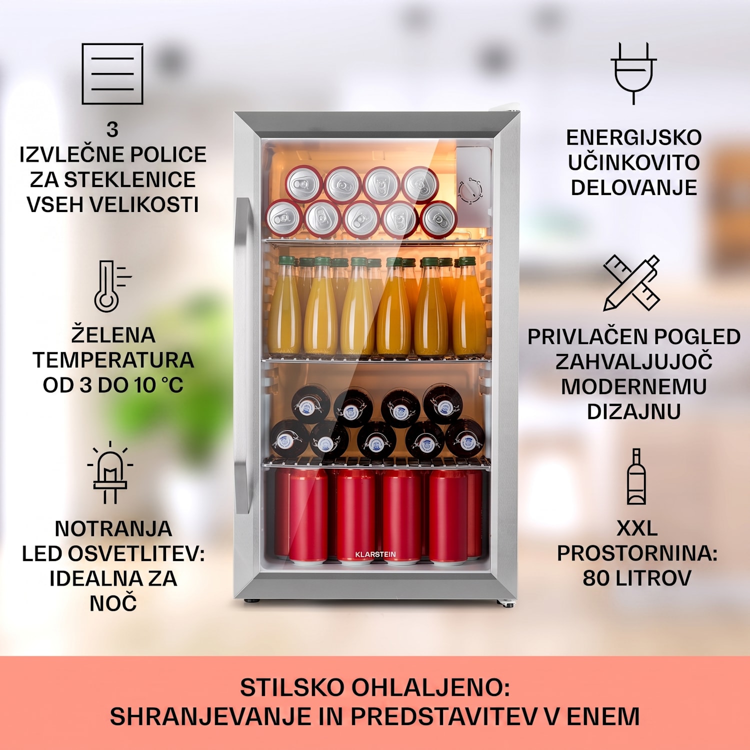 Beersafe M Crystal White, hladilnik, 80 litrov, 3 police, panoramska steklena vrata, nerjaveče jeklo 80 L | Bela | Srebrna