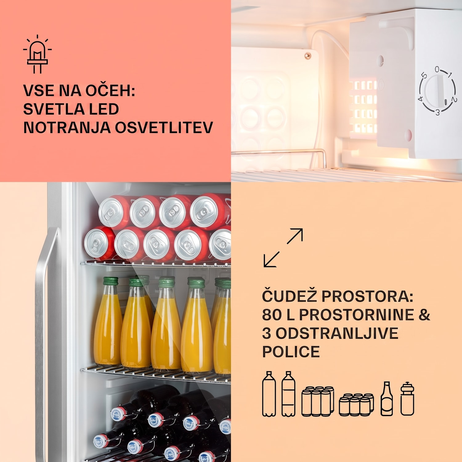 Beersafe M Crystal White, hladilnik, 80 litrov, 3 police, panoramska steklena vrata, nerjaveče jeklo 80 L | Bela | Srebrna