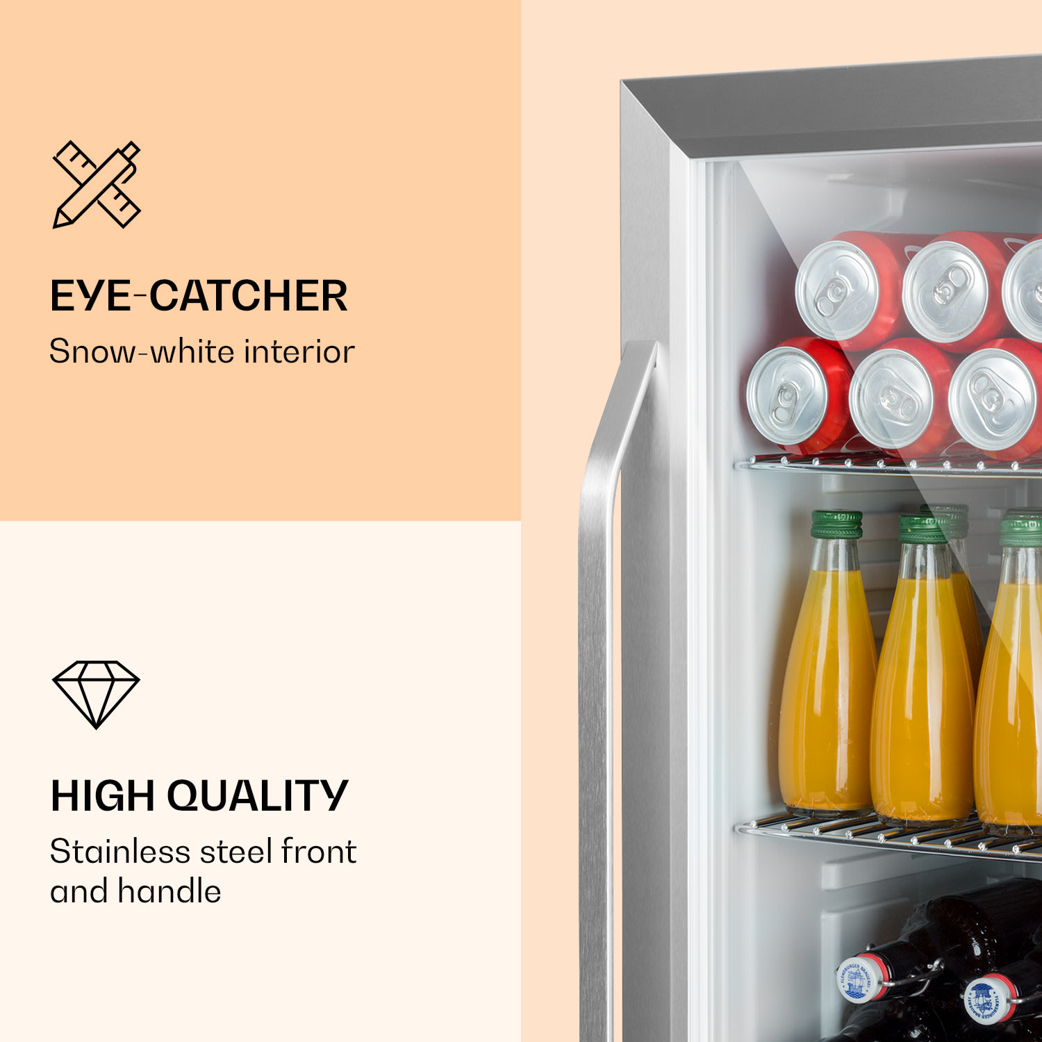 Beersafe XXL Crystal White, lednice, 80 l, 3 police, panoramatické skleněné dveře, nerezová ocel 80 litrů | Bílá