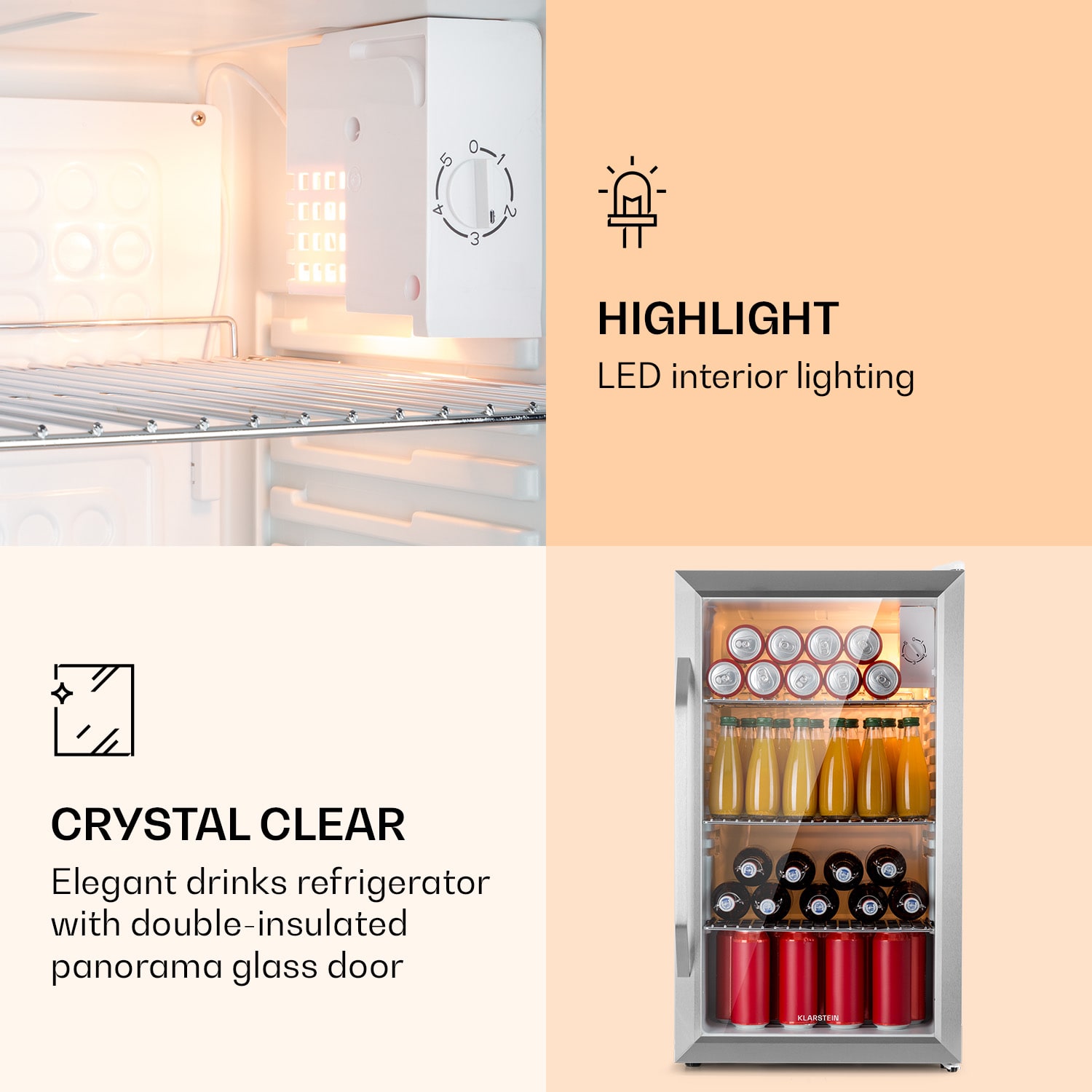 Beersafe XXL Crystal White, lednice, 80 l, 3 police, panoramatické skleněné dveře, nerezová ocel 80 litrů | Bílá