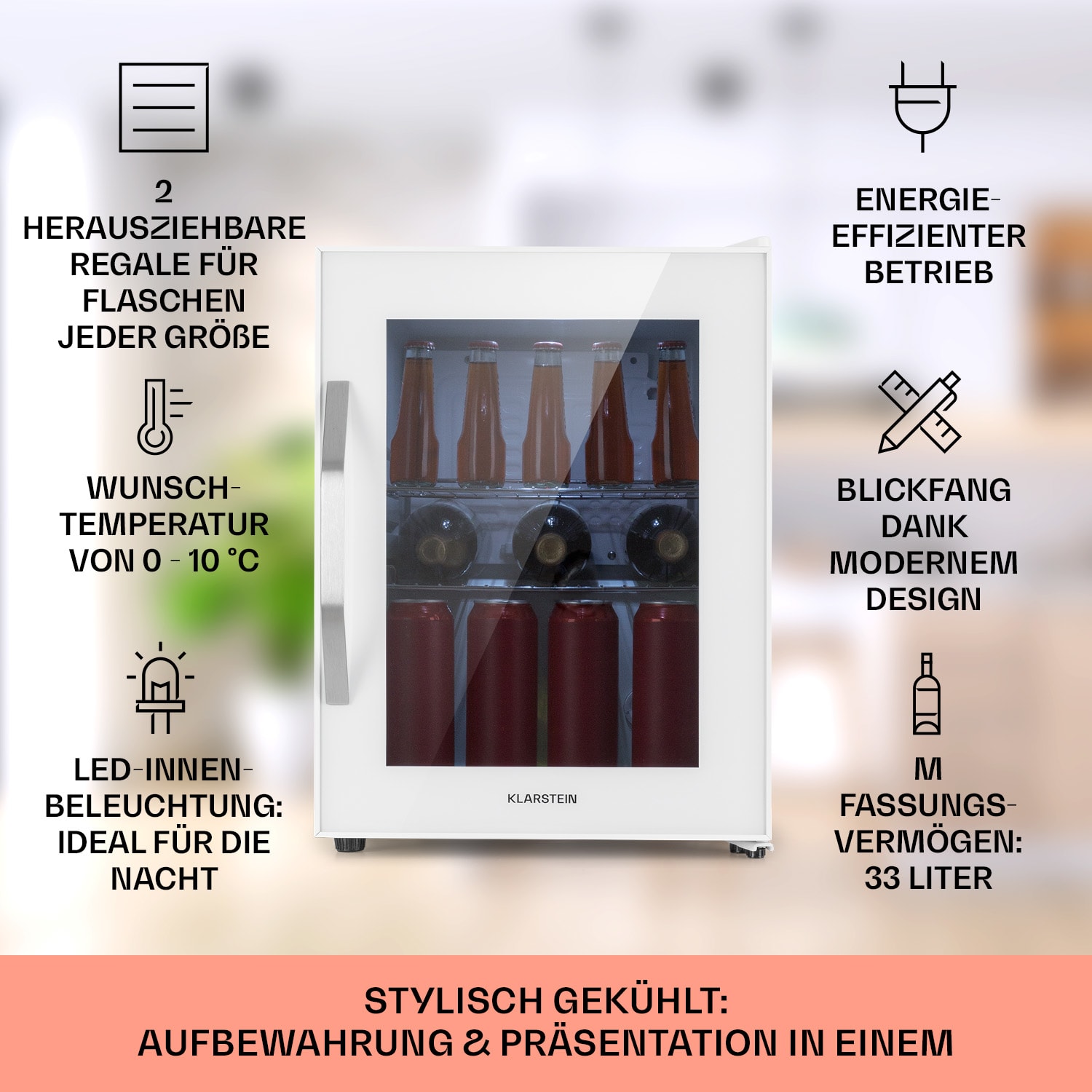 Beersafe M Quartz Kühlschrank 33 Liter 2 Böden Panoramaglastür 33 L | Quartz