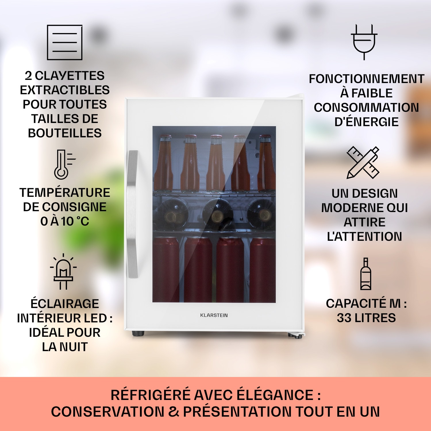 Beersafe M Quartz Réfrigérateur 33 litres 2 clayettes Porte en verre panoramique 33 L | Quartz