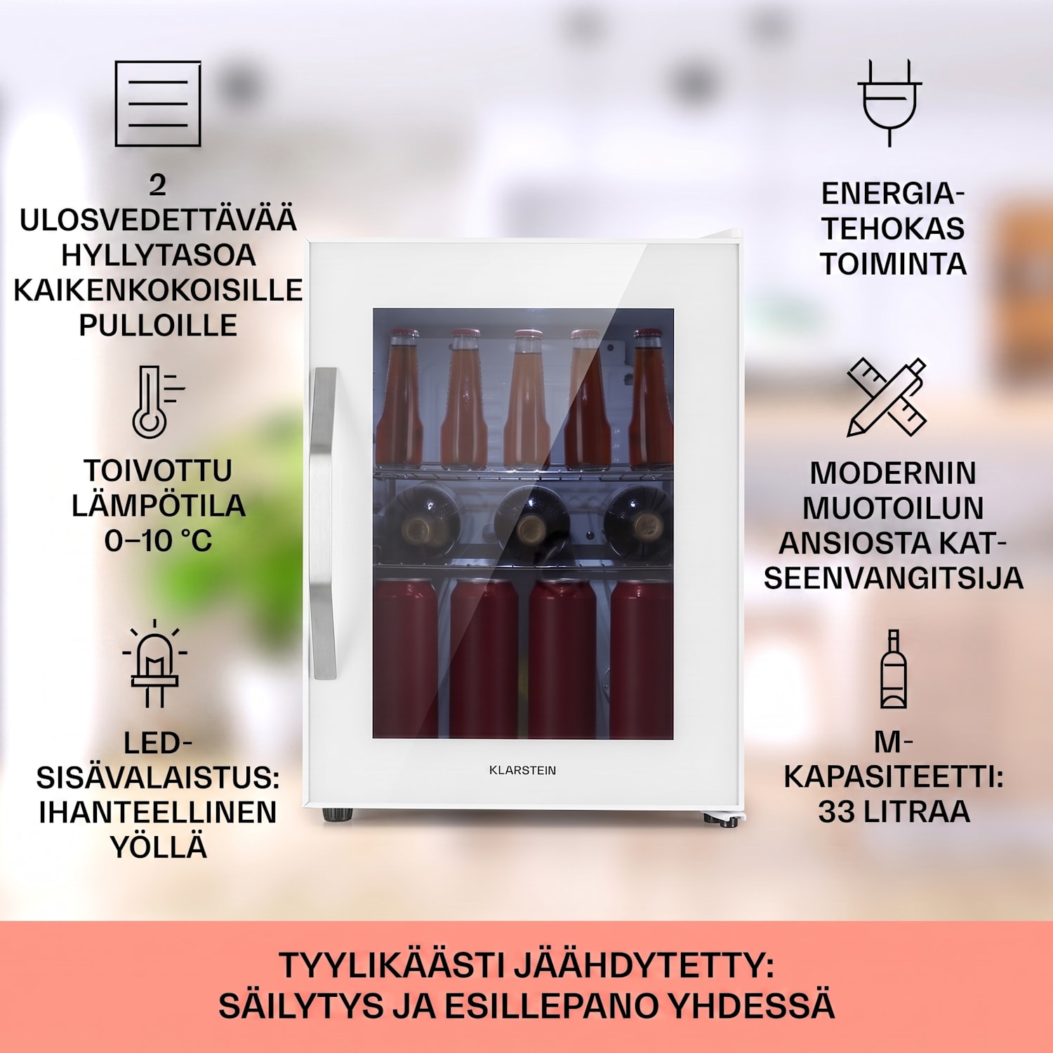 Beersafe M Quartz jääkaappi 33 litraa 2 hyllyä panoraamalasiovi 33 L | Quartz