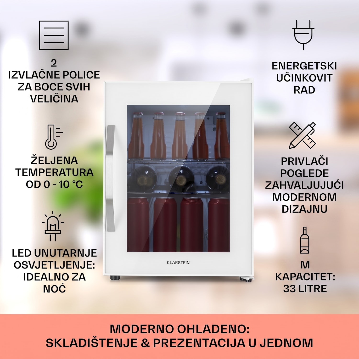 Beersafe M Quartz, hladnjak, 33 litre, 2 police, staklena panoramska vrata 33 L | Quartz