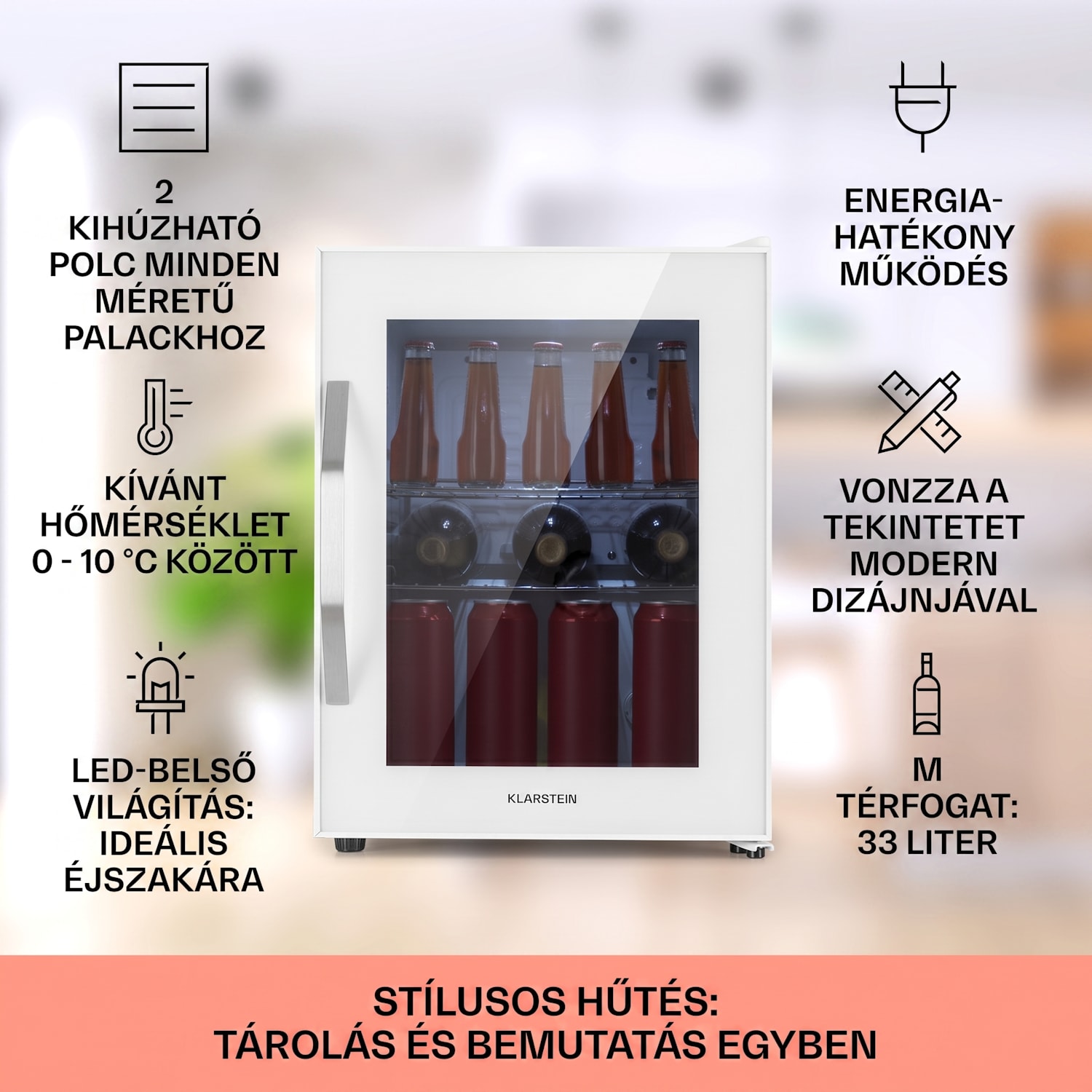 Beersafe M Quartz, hűtőszekrény, 33 liter, 2 polc, panoráma üvegajtó 33 L | Quartz