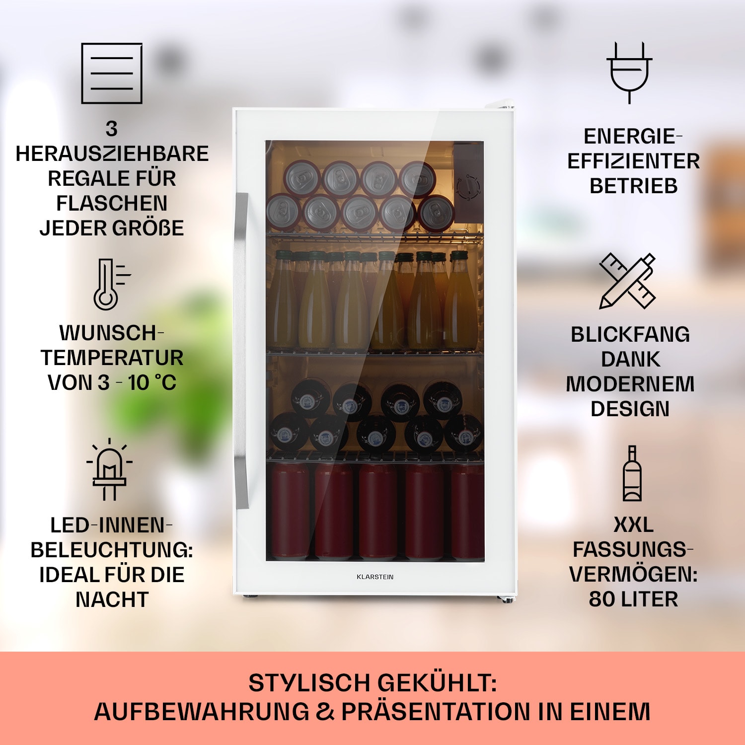 Beersafe XXL Quartz Kühlschrank 80 Liter 3 Böden Panoramaglastür 80 L | Quartz
