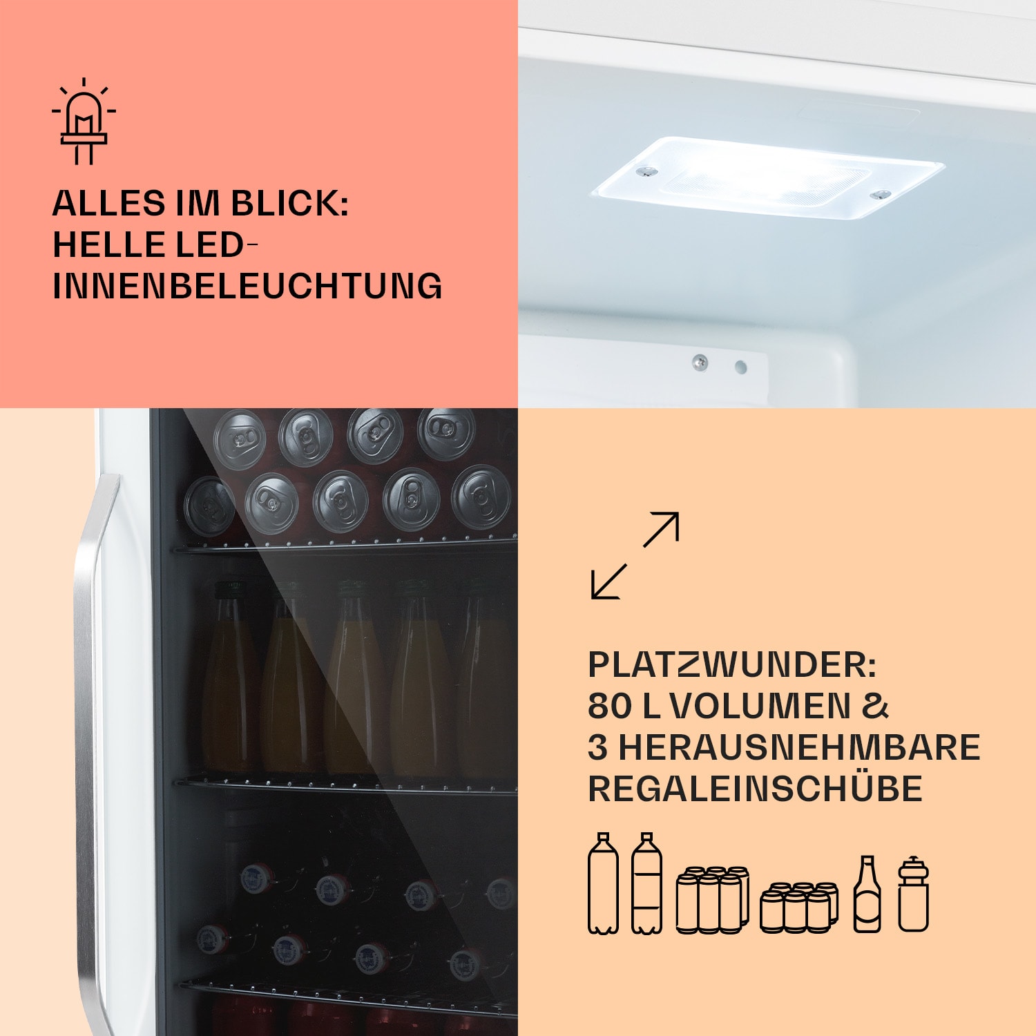 Beersafe XXL Quartz Kühlschrank 80 Liter 3 Böden Panoramaglastür 80 L | Quartz