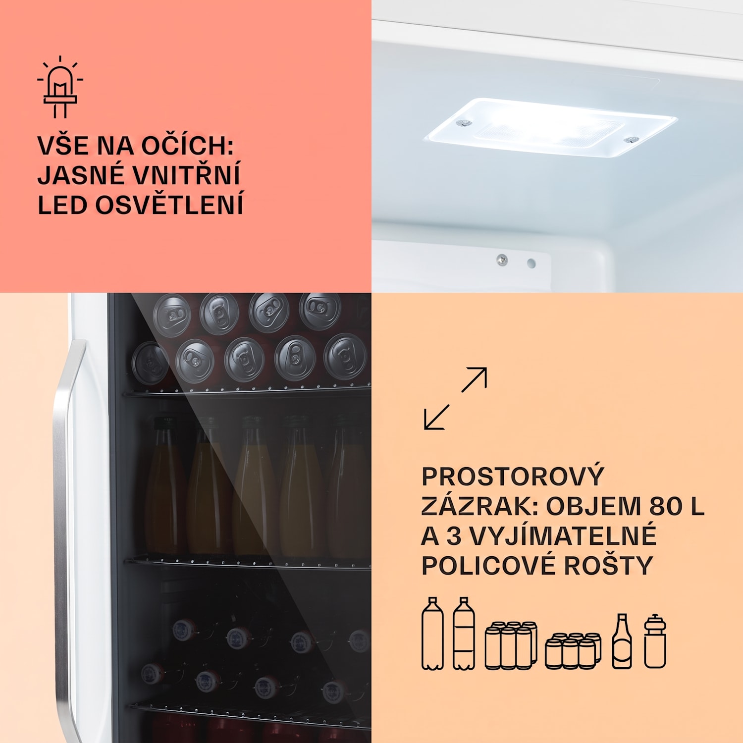 Beersafe XXL Quatrz, lednice, 80 l, 3 police, panoramatické skleněné dveře, nerezová ocel 80 L | Quartz