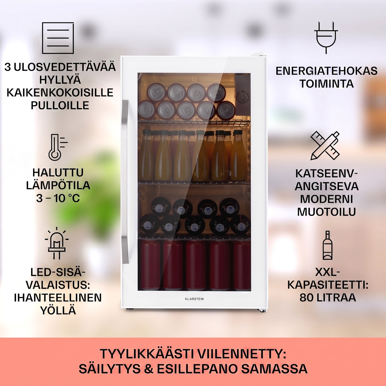 Beersafe XXL Crystal White jääkaappi 80 litraa 3 hyllyä, panoraamalasiovi ruostumatonta terästä 80 L | Quartz