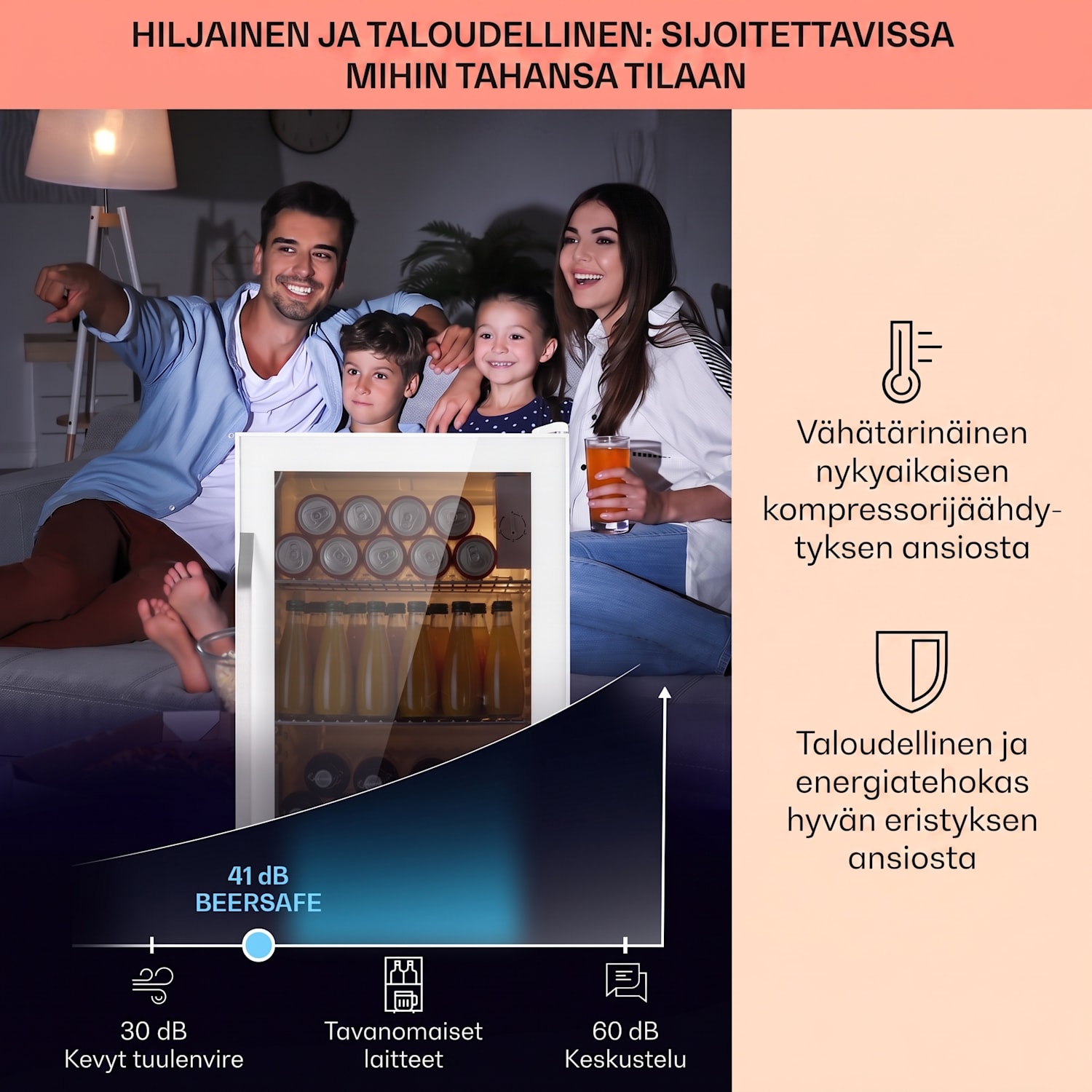 Beersafe XXL Crystal White jääkaappi 80 litraa 3 hyllyä, panoraamalasiovi ruostumatonta terästä 80 L | Quartz