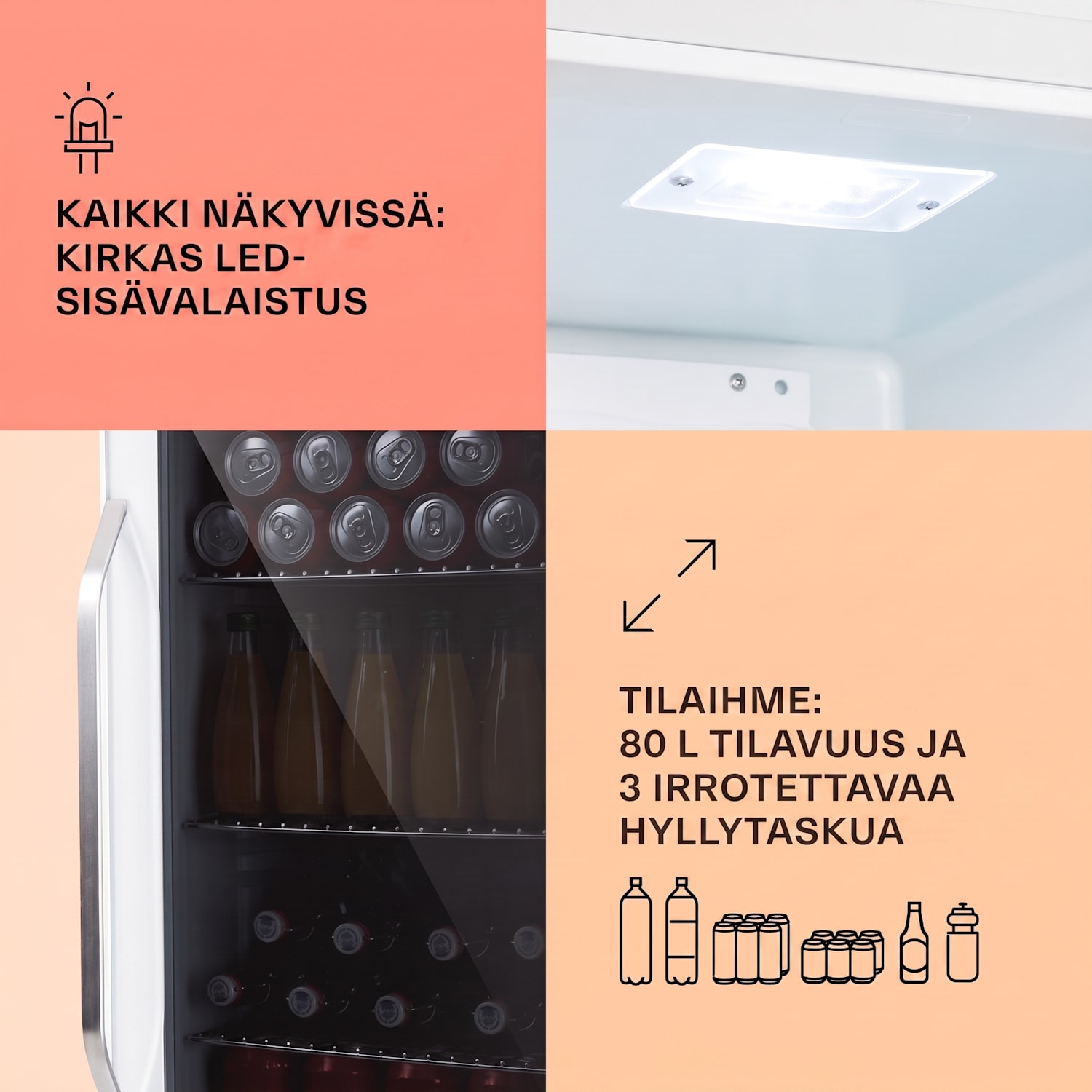 Beersafe XXL Crystal White jääkaappi 80 litraa 3 hyllyä, panoraamalasiovi ruostumatonta terästä 80 L | Quartz