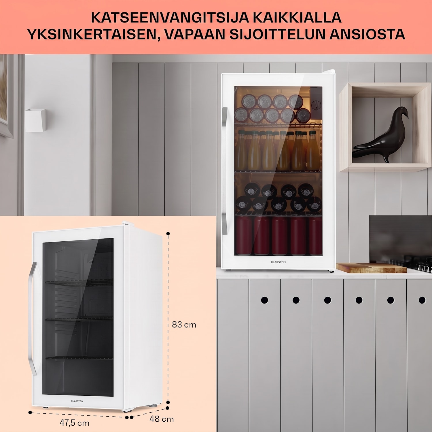 Beersafe XXL Crystal White jääkaappi 80 litraa 3 hyllyä, panoraamalasiovi ruostumatonta terästä 80 L | Quartz