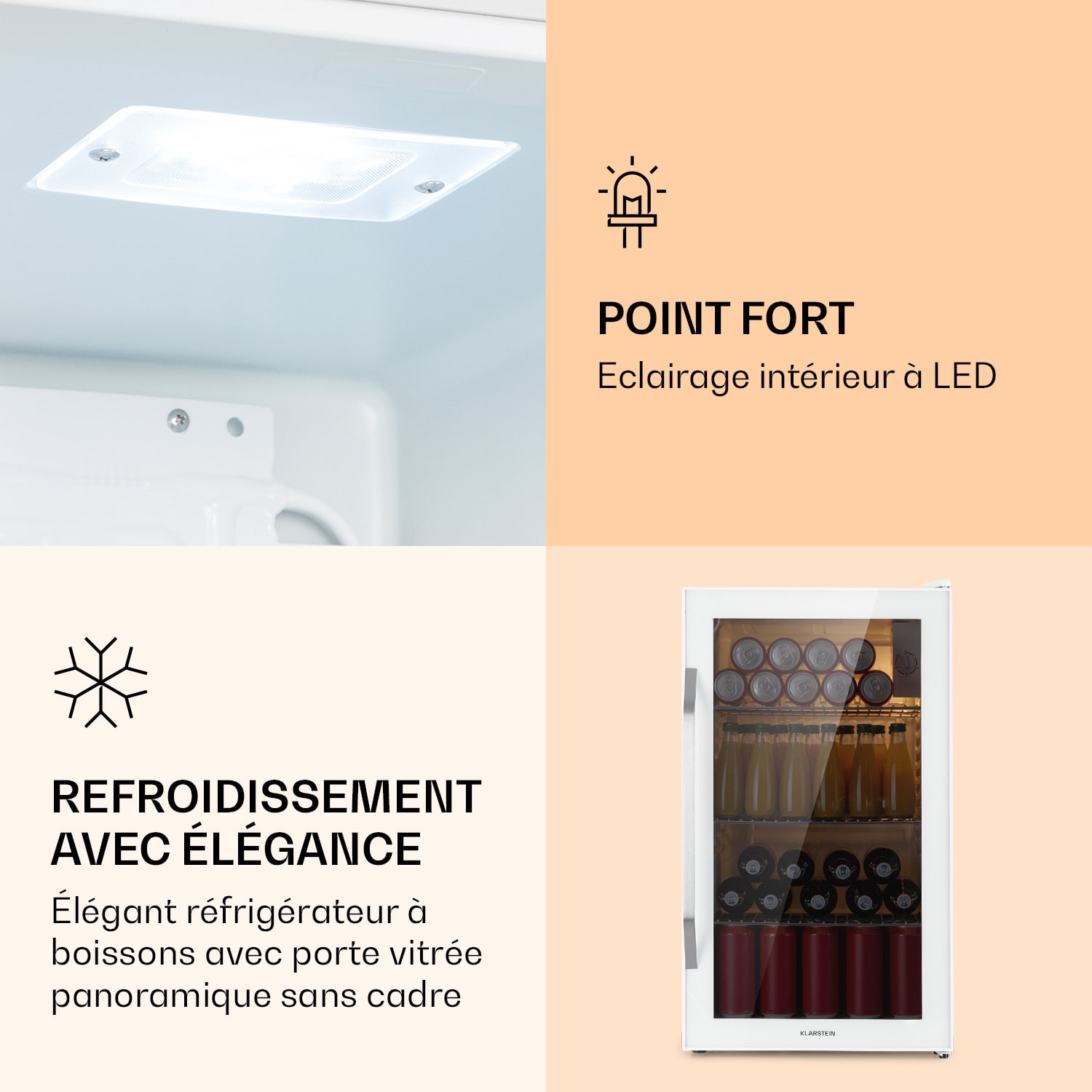 Beersafe XXL Quartz Réfrigérateur 80 litres 3 étagères Porte en verre panoramique avec double isolation blanc 80 L | Quartz