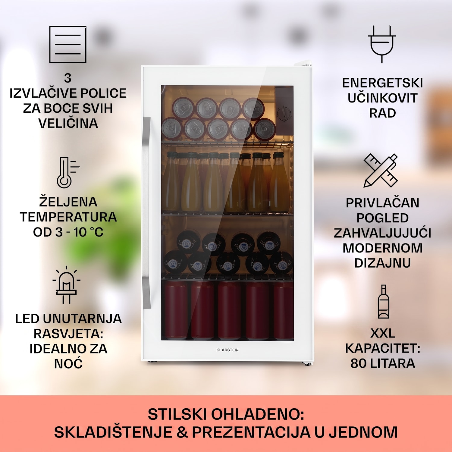 Beersafe XXL Quartz, hladnjak, 80 litara, 3 police, dupla izolacija panoramskih vrata, nehrđajući čelik, bijela 80 L | Quartz