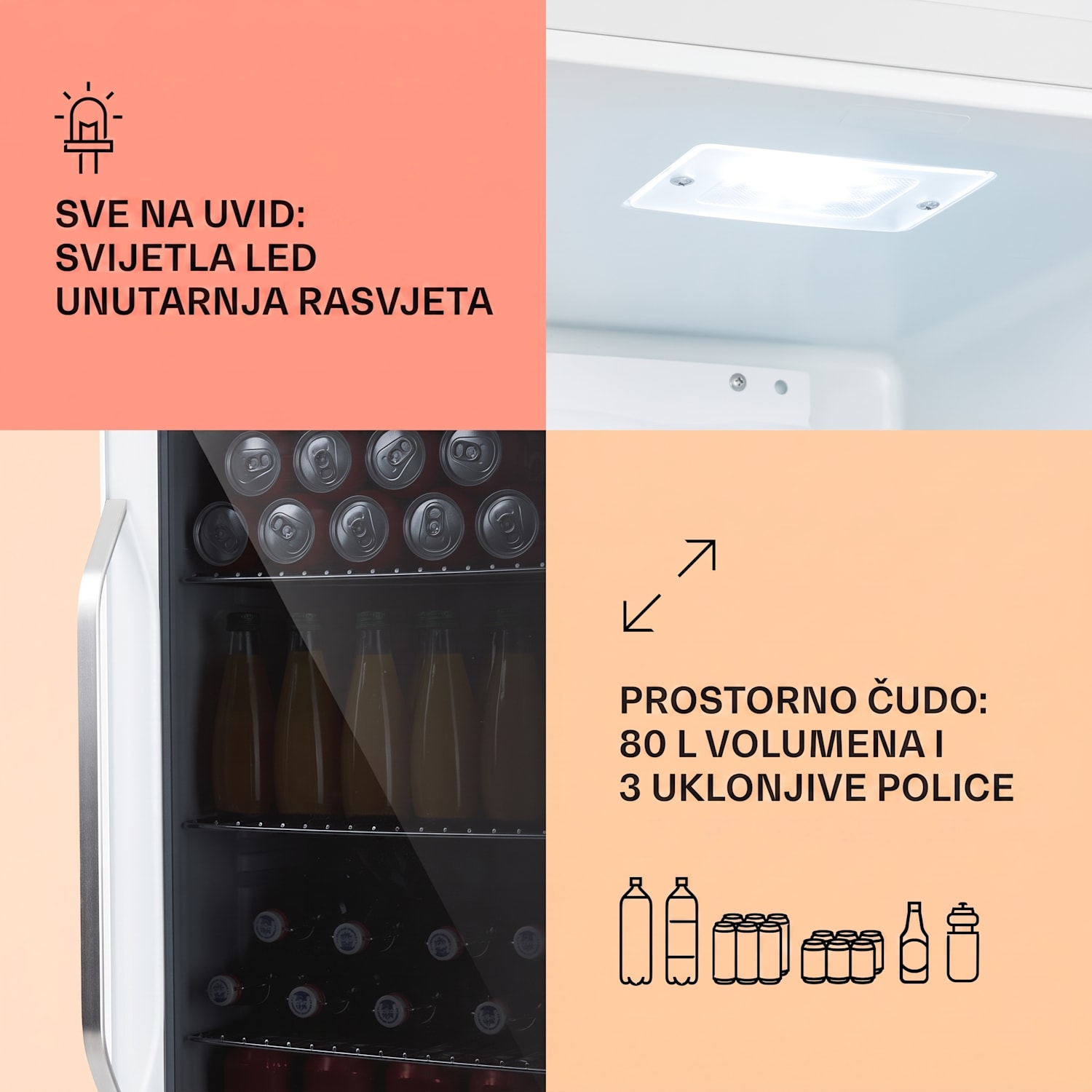 Beersafe XXL Quartz, hladnjak, 80 litara, 3 police, dupla izolacija panoramskih vrata, nehrđajući čelik, bijela 80 L | Quartz