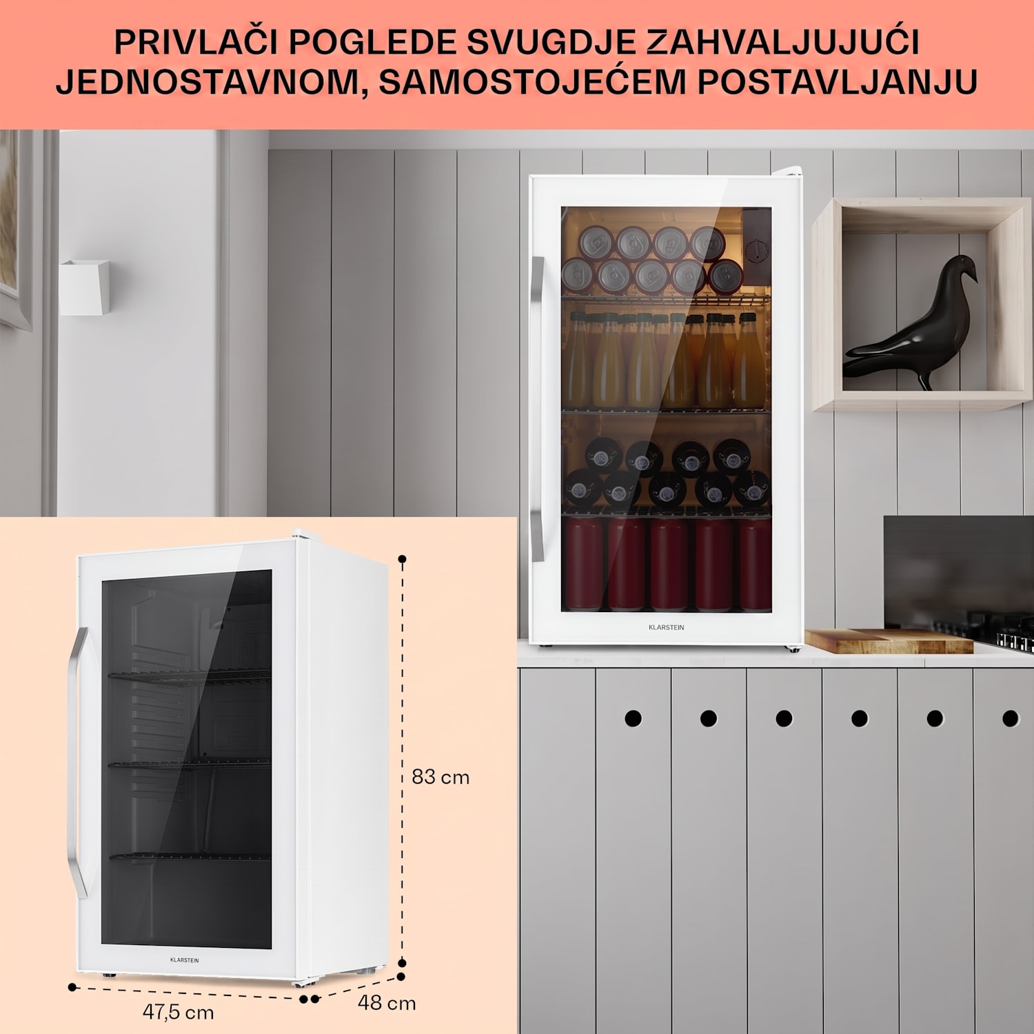Beersafe XXL Quartz, hladnjak, 80 litara, 3 police, dupla izolacija panoramskih vrata, nehrđajući čelik, bijela 80 L | Quartz