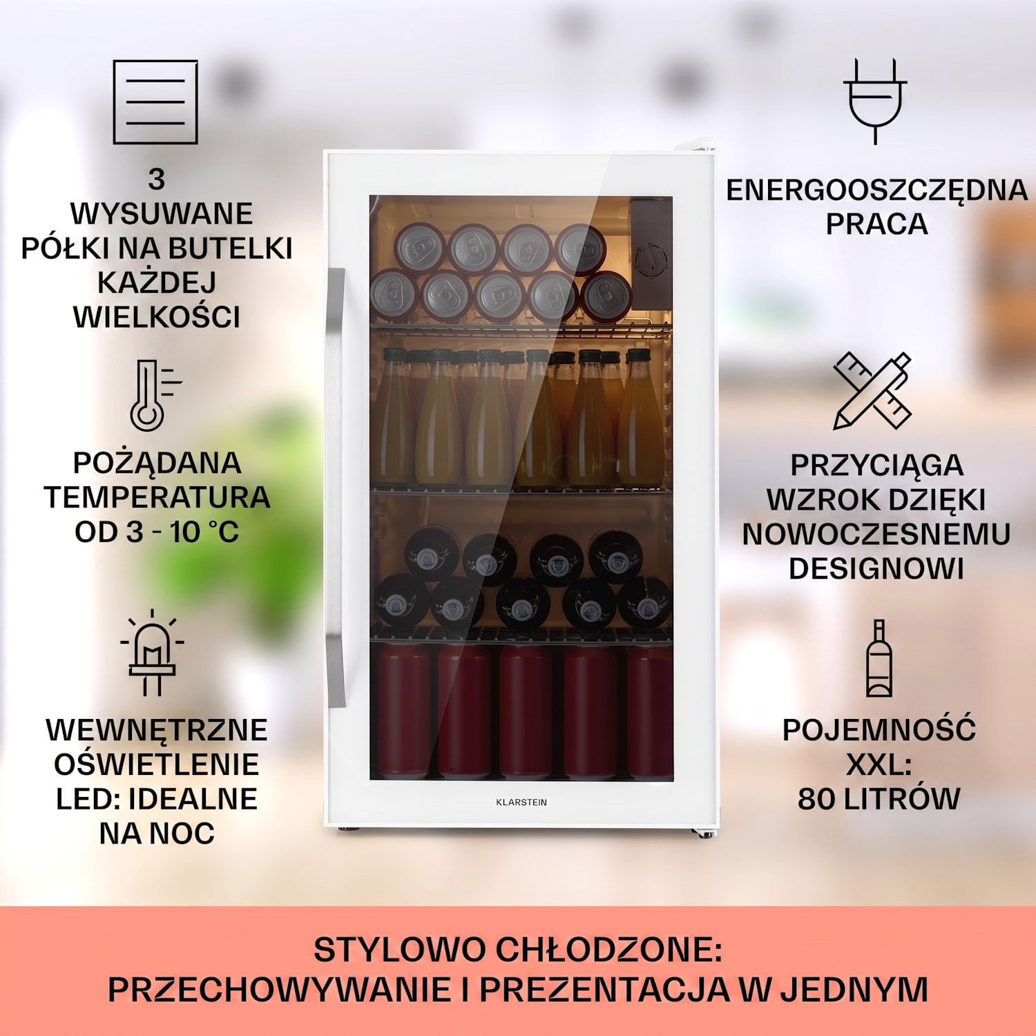 Beersafe XXL Quartz, lodówka na napoje, 80 l, 3 półki, podwójnie izolowane szklane drzwi 80 L | Quartz
