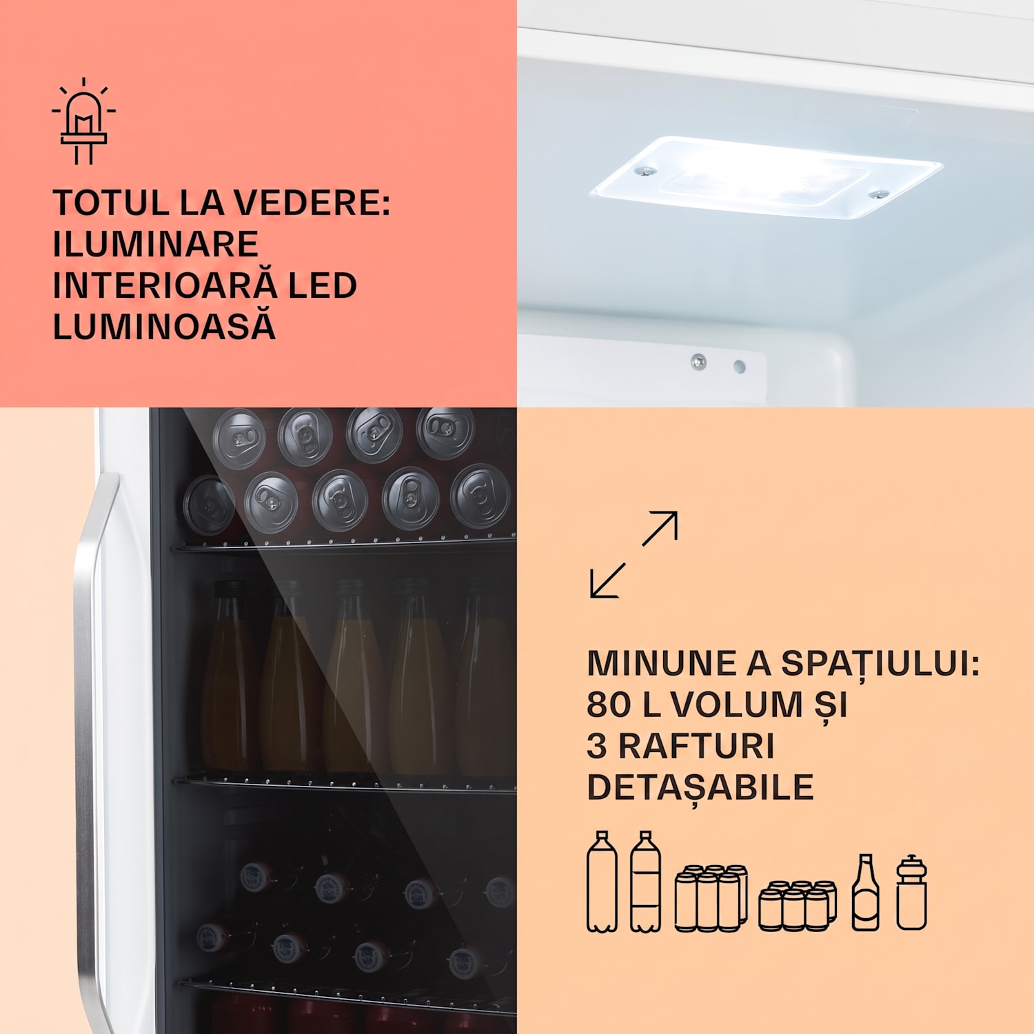 Beersafe XXL Crystal White, frigider, 80 litri, 3 rafturi, ușă panoramică din sticlă, oțel inoxidabil 80 L | Quartz