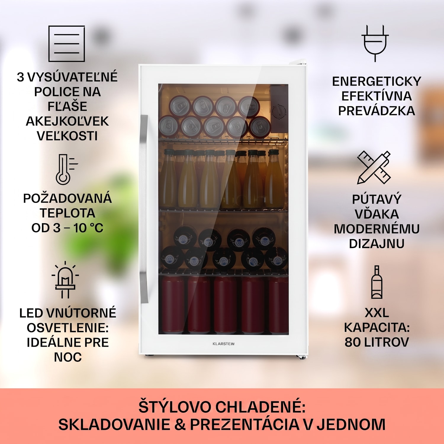Beersafe XXL Quartz, chladnička, energet. trieda E, 3 kovové police, panoramatické sklenené dvierka 80 L | Quartz