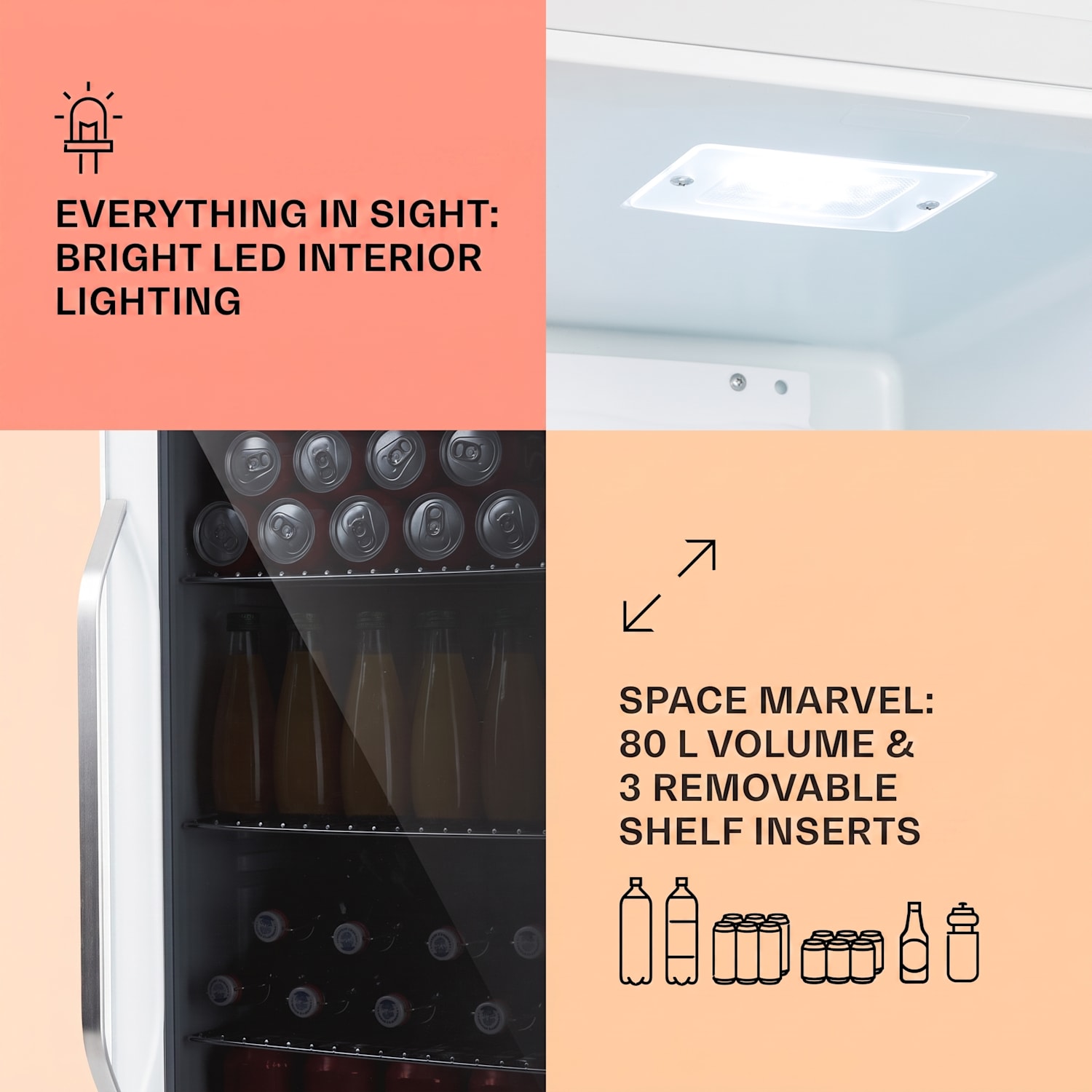 Beersafe XXL Quartz koelkast 80 liter 3 plateaus dubbel geïsoleerde glazen panoramadeur wit 80 L | Quartz