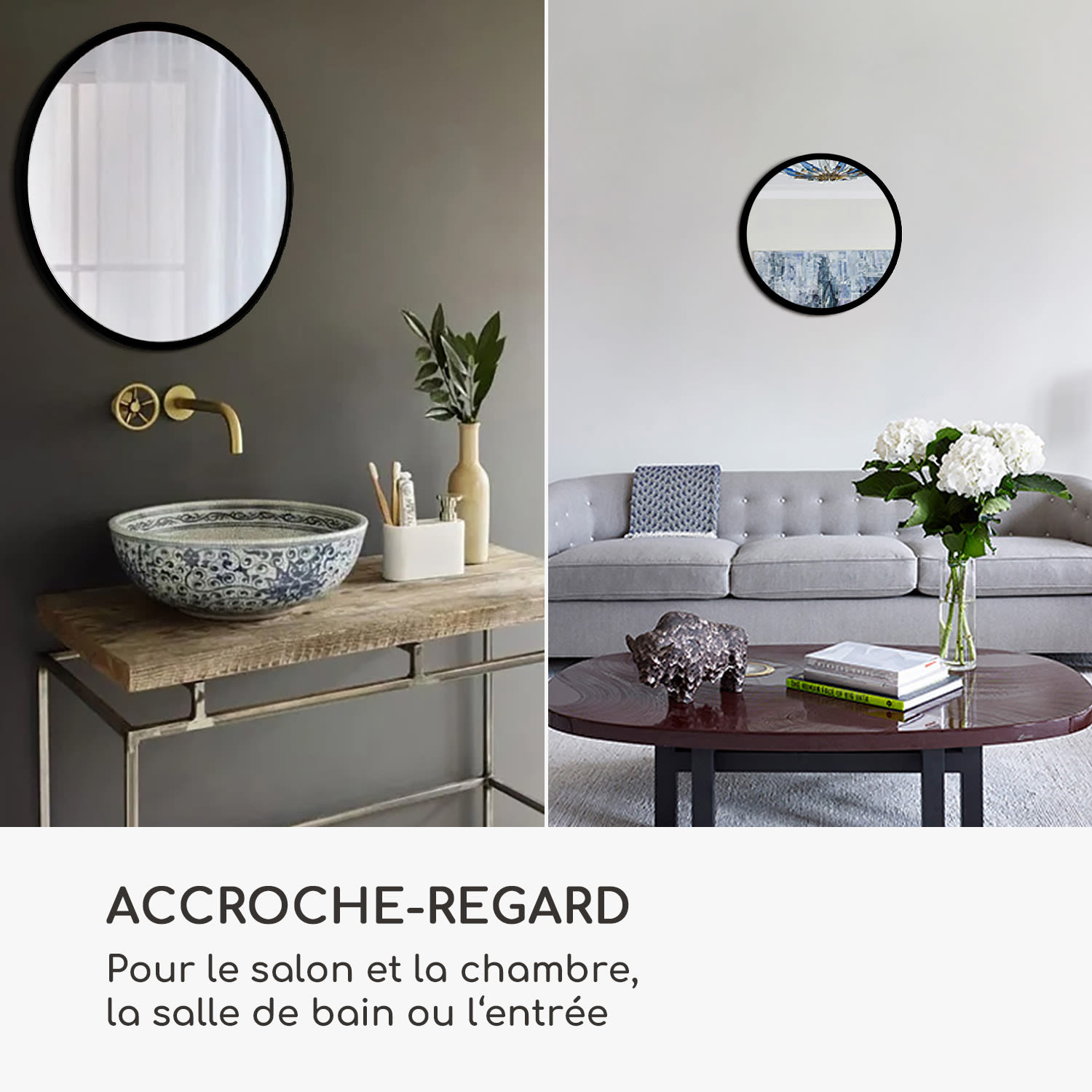 Miroir mural Fournier cadre métallique rond de 80 cm  Noir