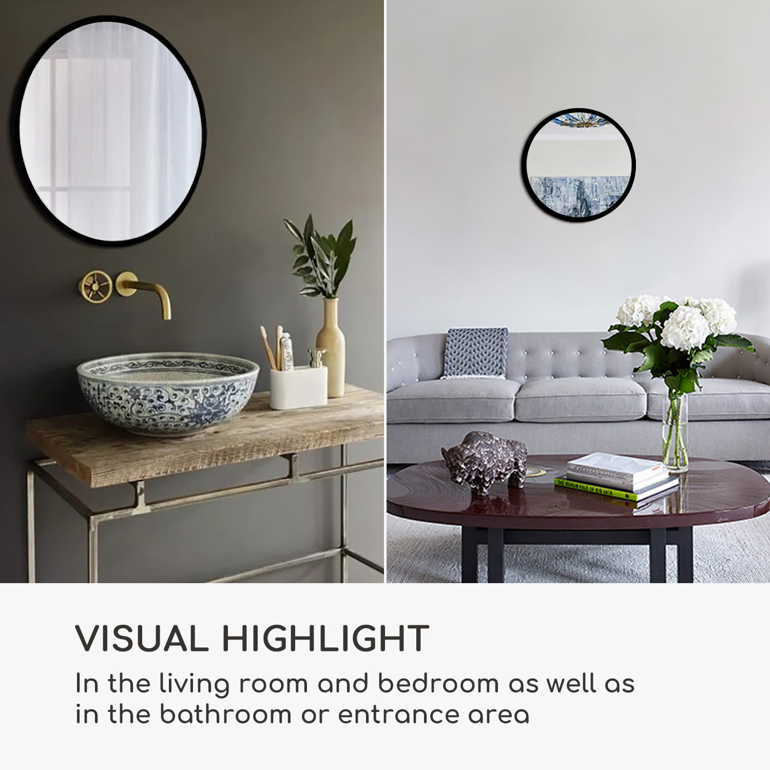 Fournier Nástenné zrkadlo s kovovým rámom okrúhle Ø 80 cm  Čierna