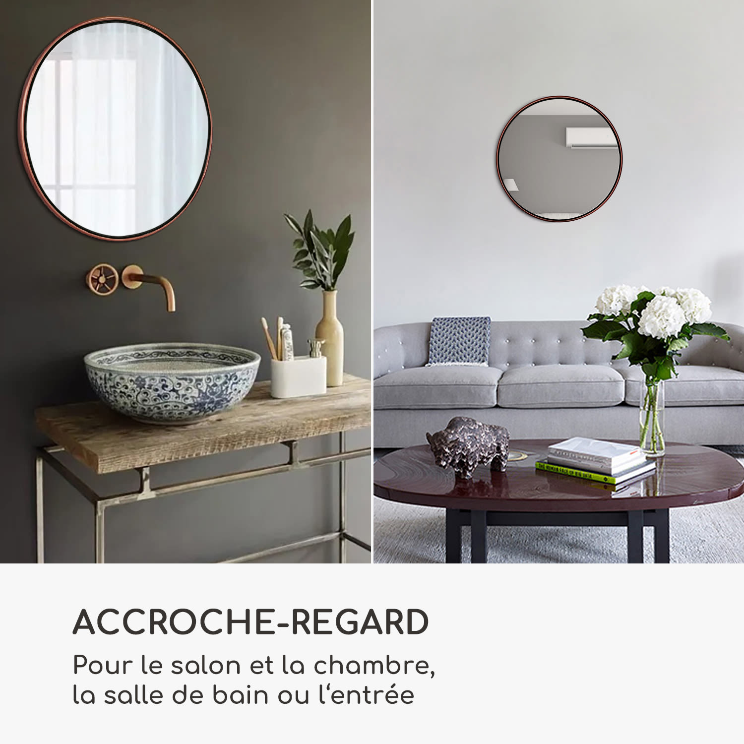 Fournier wandspiegel metalen lijst rond Ø 80 cm  Roségoud