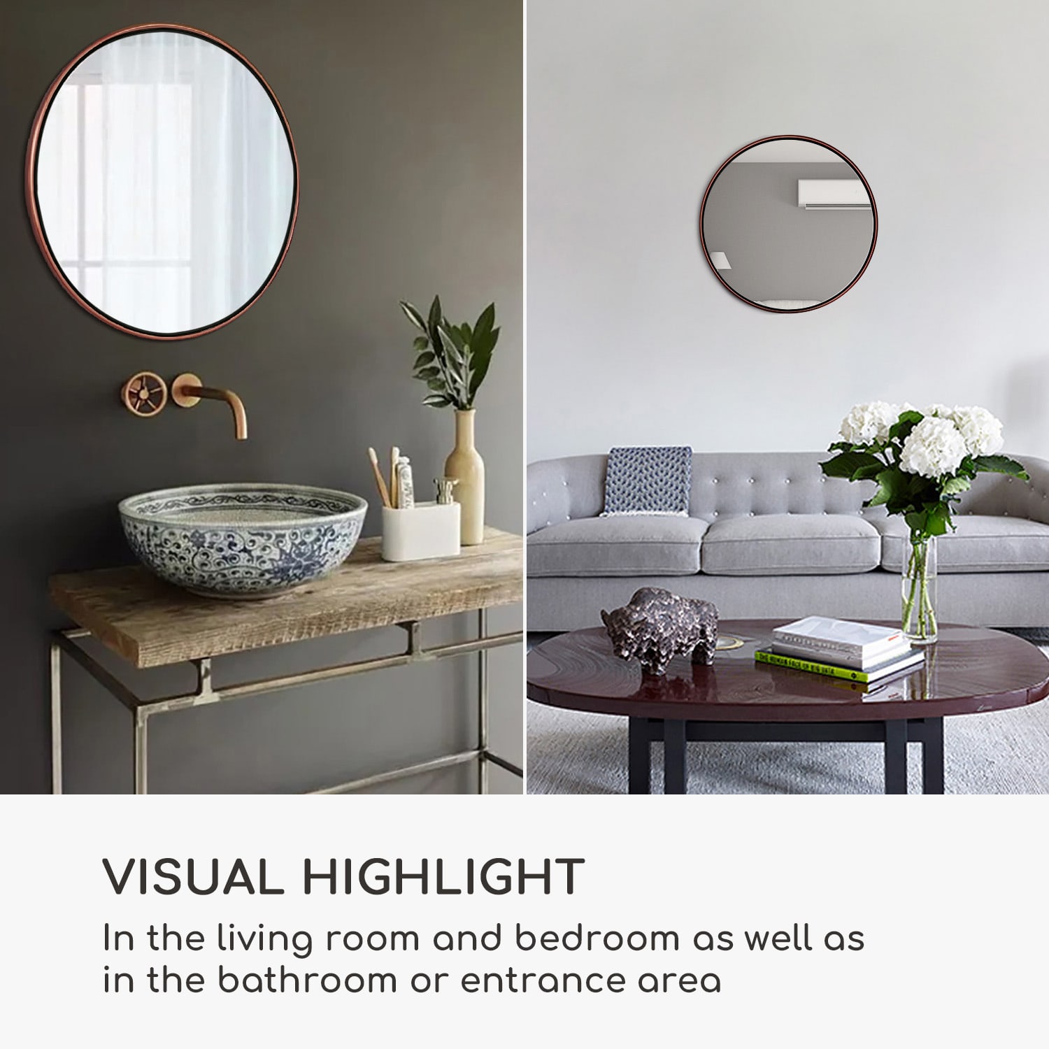 Fournier Стенно огледало с метална рамка кръгло Ø 80 см  Розово Злато