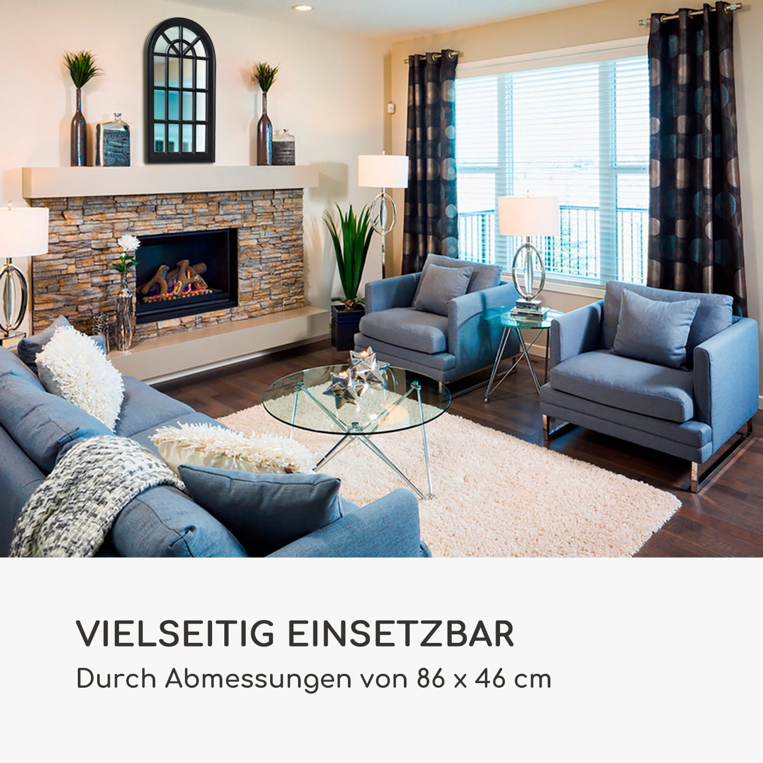 Savile Französischer Fensterspiegel Holzrahmen 86 x 46 cm Schwarz