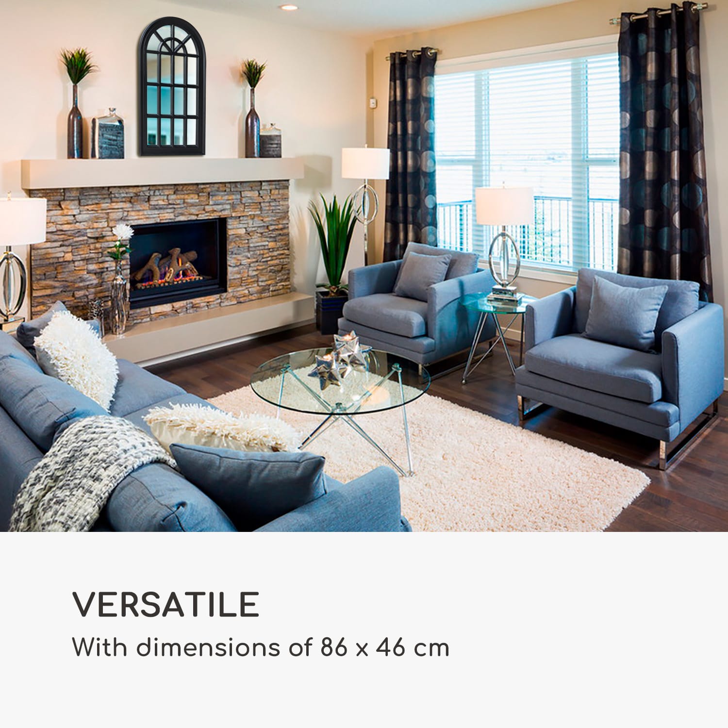 Savile, lustro ścienne, lustro okienne, okno francuskie, drewniana rama, 86 x 46 cm Czarny