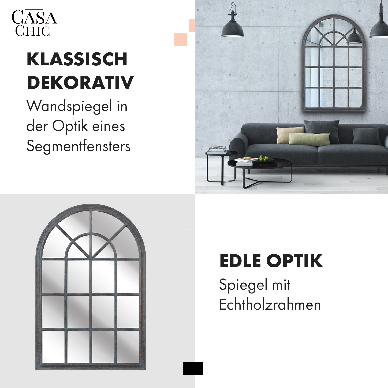 Savile Französischer Fensterspiegel Holzrahmen 120 x 80 cm Grau