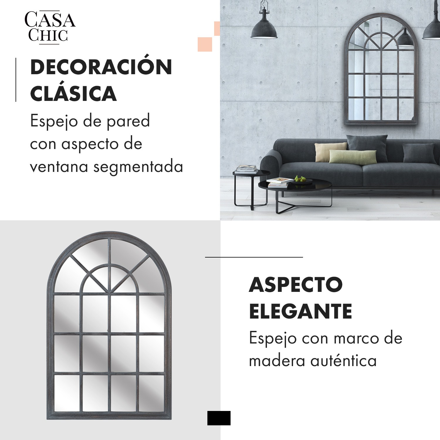 Espejo de ventana francesa Savile Marco de madera 120 x 80 cm  Gris