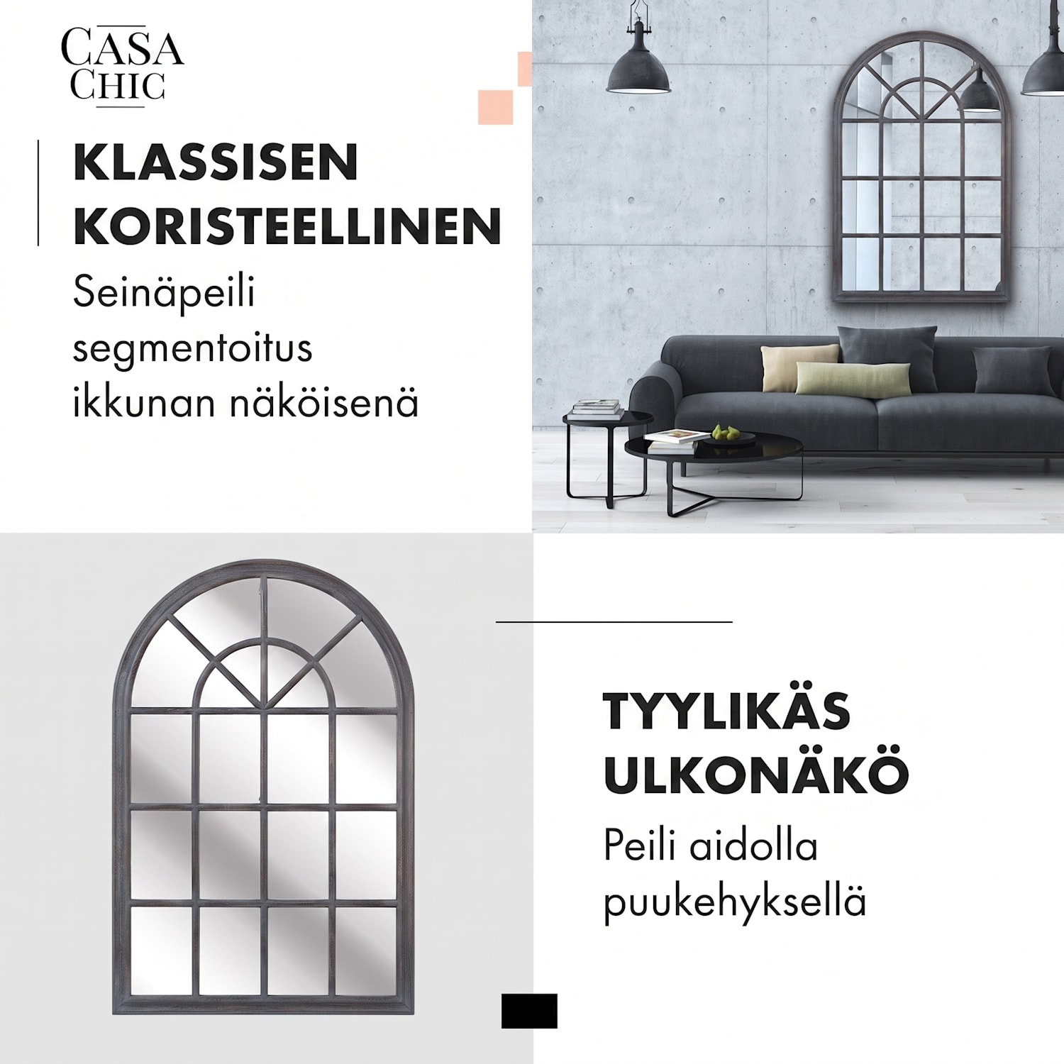 Savile ranskalainen ikkunapeili puukehys 120 x 80 cm  Harmaa