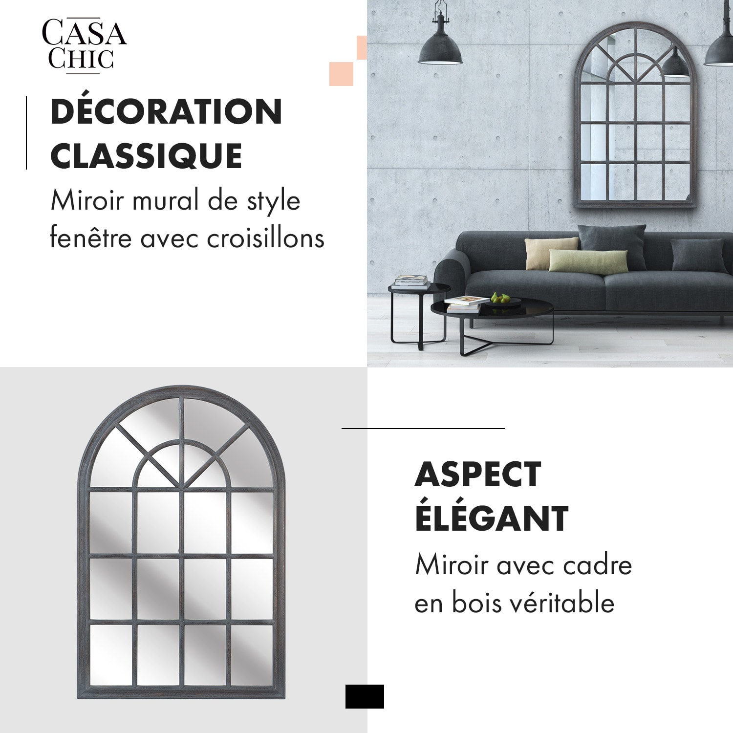 Miroir fenêtre de style français Savile 120 x 80 cm  Gris