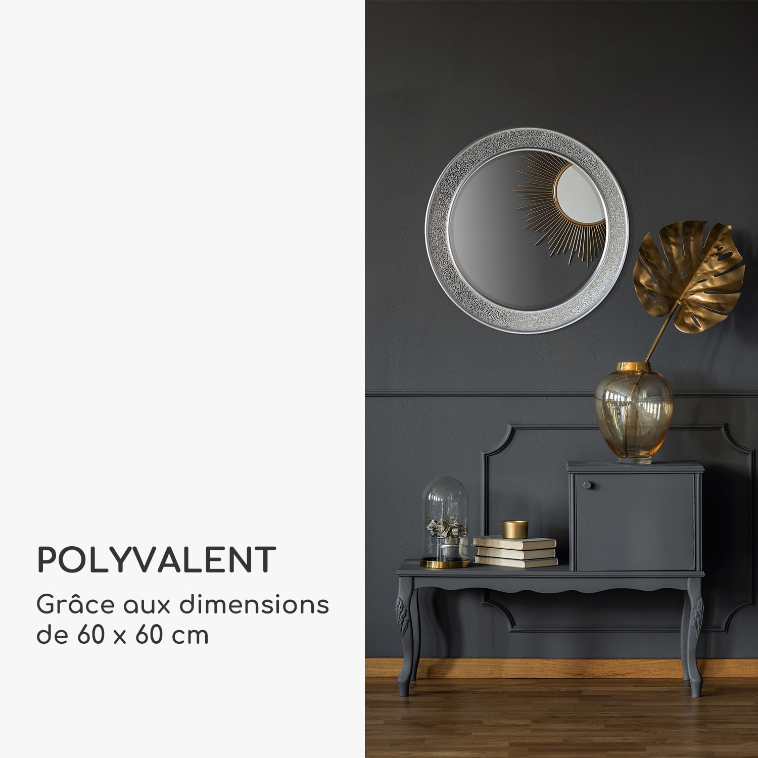 Cheyne miroir mural cadre en bois rond Ø 60 cm design en mosaïque 