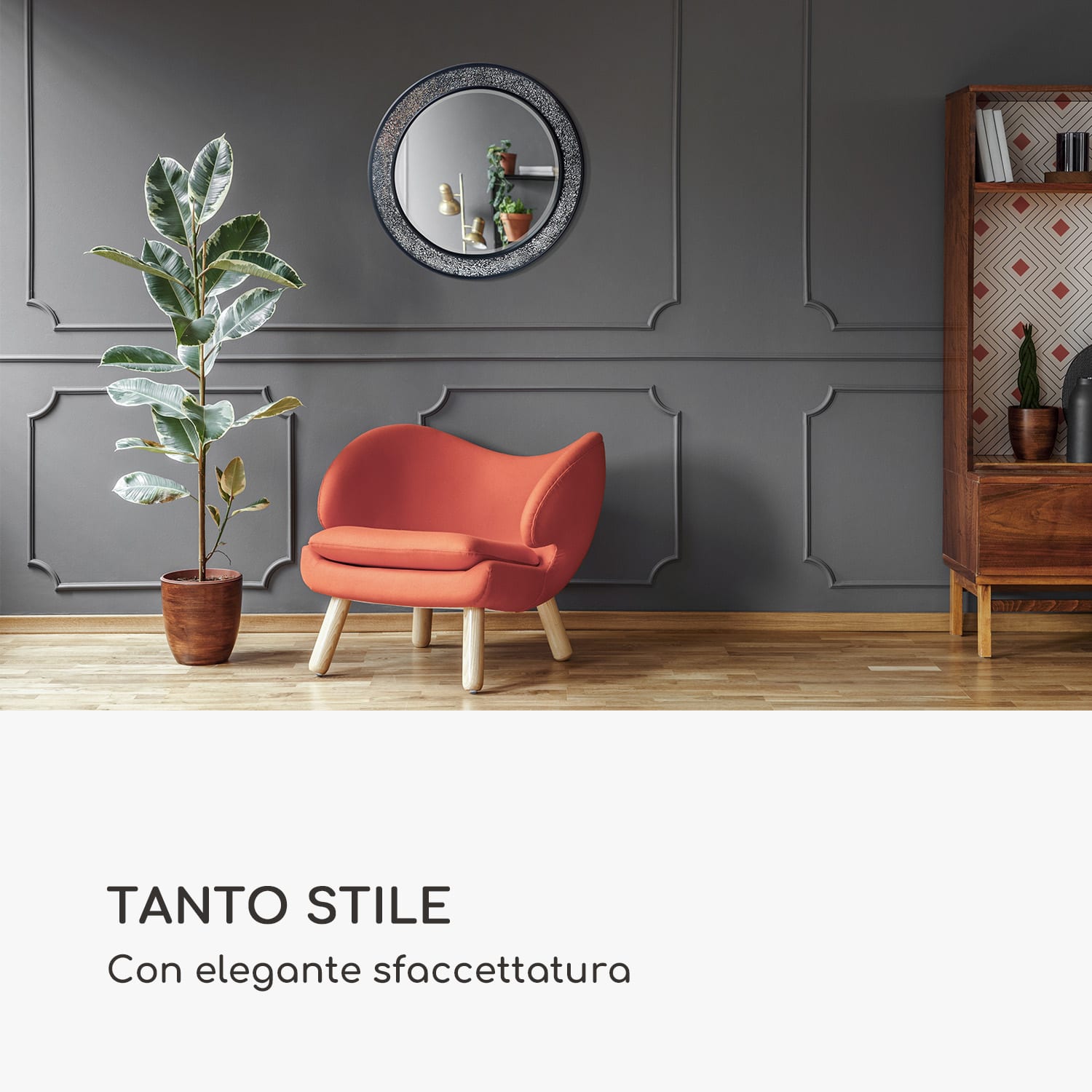 Cheyne specchio da parete, cornice di legno, rotondo, Ø 60 cm, design a mosaico Nero